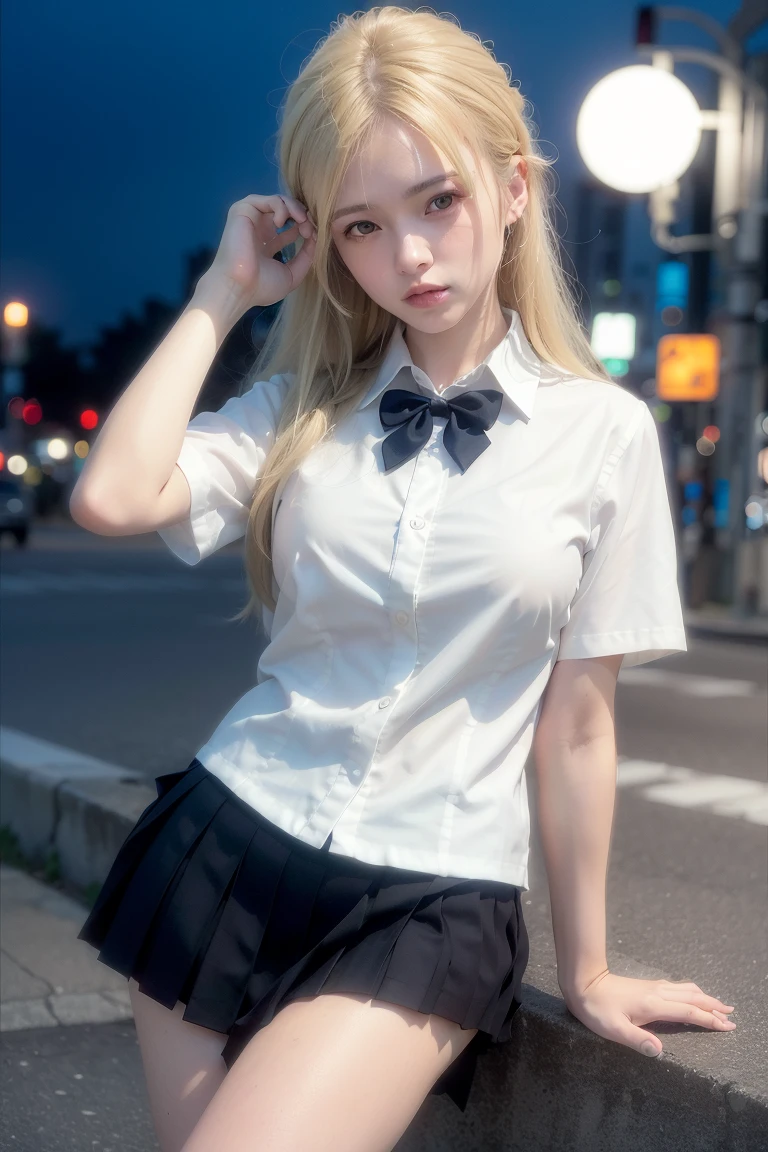 (8K, raw picture, the best quality, mastery:1.3),(Realistic,photo-realistic:1.37),(the night),(looking viewer:1.331),(White hair),posando,Tokyo street,nightcityscape,cyberpunk city,Gentle light, 1Girl, extremely beautiful face, bust, hands down, casual hairstyle, Smile, Big Eyes, lower abdomen, (white short sleeves, cl_shirt), cl_style of, (Navy YTD_skirt), (Bow YTD_Tie), mix4, Big breasts, fullbody photo, black small leather shoes