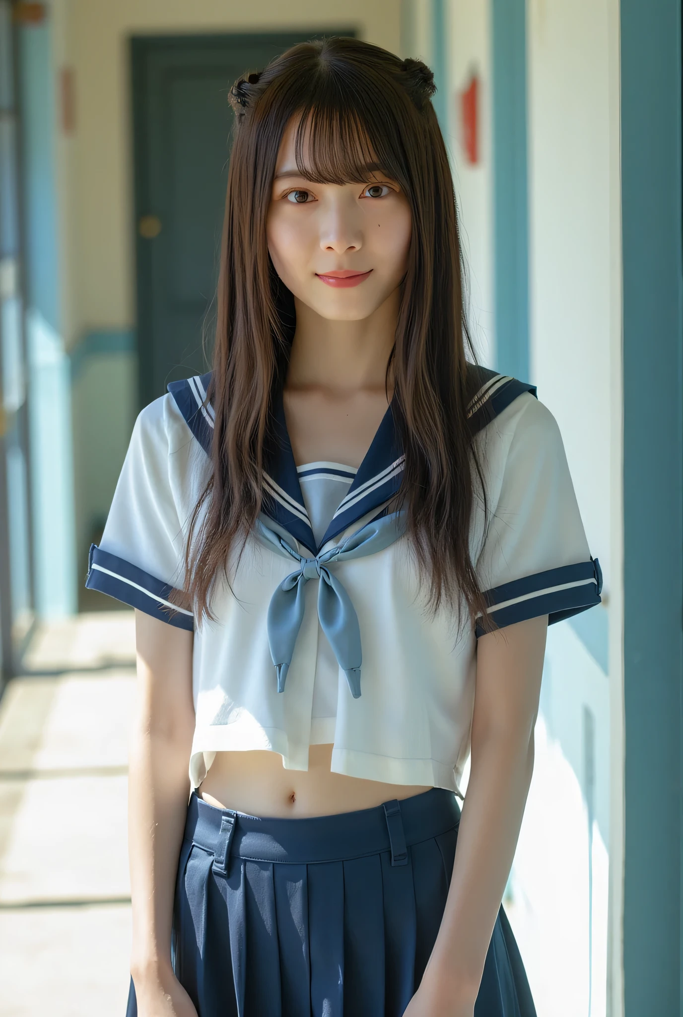 Highest quality, 8K, fashion model photo, ((school uniform with sailor collar)), ((navel showing)),belly button visible, (((standing with hands on hips))), facing front, (((full body image))), strong sense of design, mid shot, girl, (dark brown hair), (bangs), (medium-long hair), hair accessories, delicate skin, shy smile, simple background, high texture, school, sunlight,