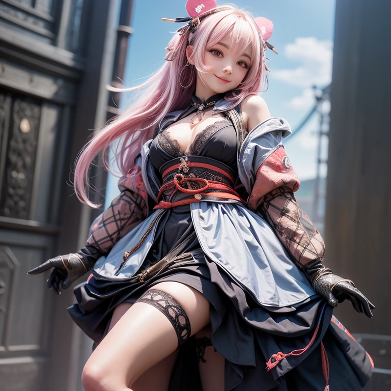 32k definition, high bitrate, 8k resolution, 1girl (1.7), silver long hair, cyberpunk style, stunning face, touching smile, feminine expression, nudity, crown, graffiti on face, face graffiti, big breasts, short skirt, pink lolita, ribbon, stockings, long legs, sitting position, dreamy city background