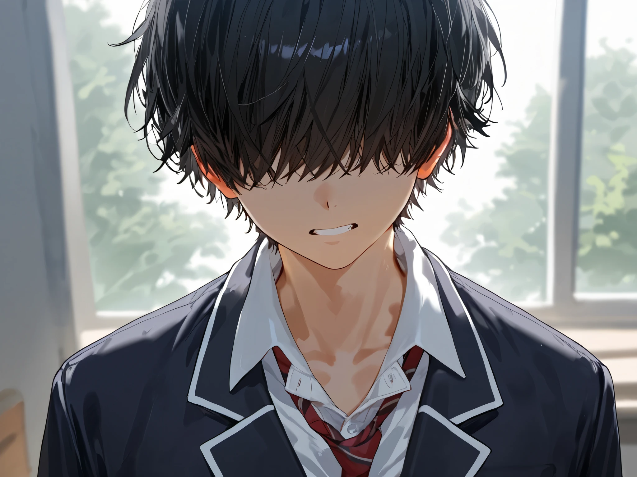 1male, strong, messy black hair, bangs over the eyes, school uniform, sexy