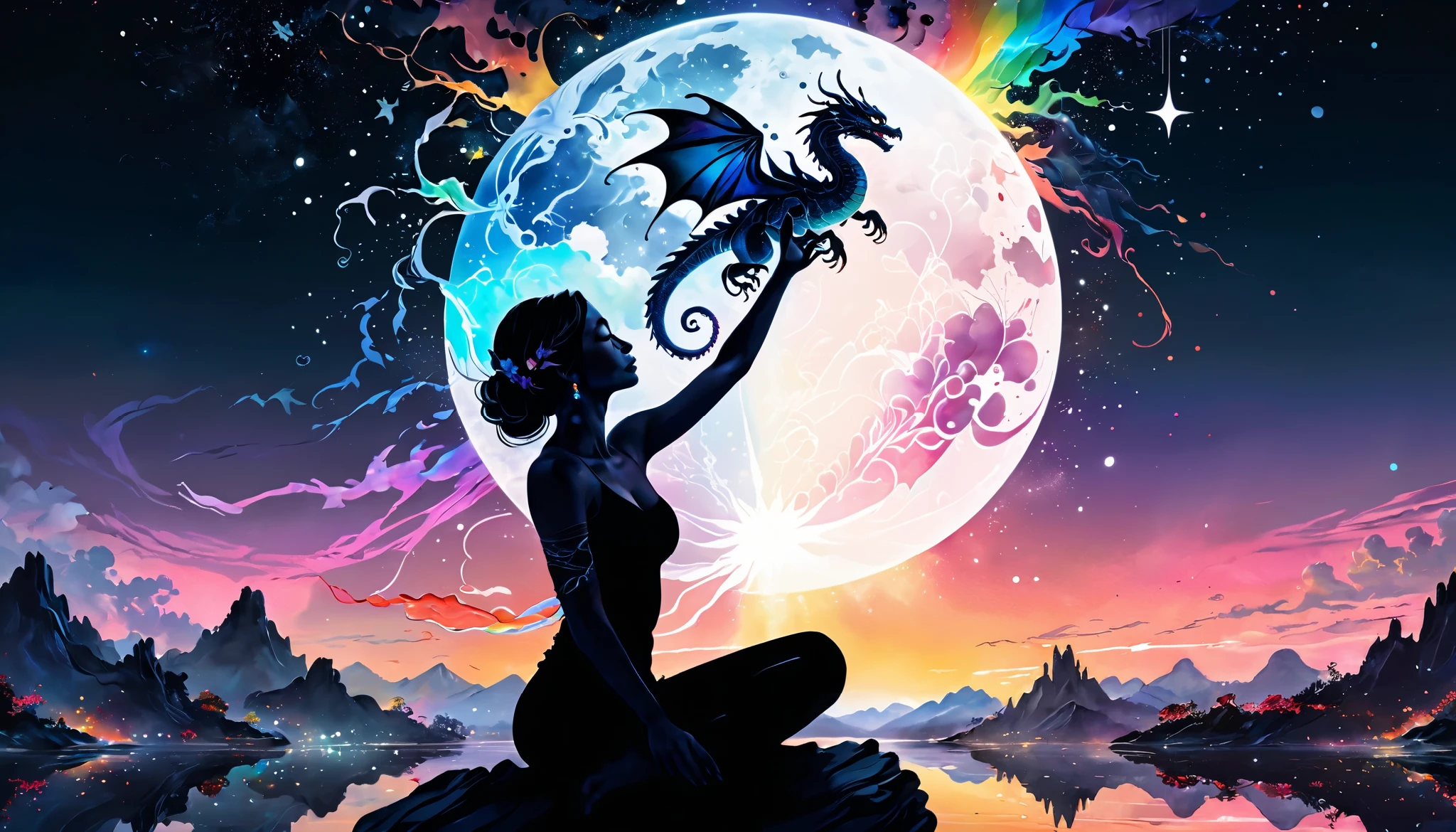 A serene silhouette artwork showing a woman with her arms raised, reaching towards the sky. Her silhouette blends with that of a  rainbow dragon, perched delicately on her hands, under the glow of a full moon. The background features a star-filled night sky with subtle hints of swirling, abstract patterns. The double exposure effect merges the woman’s reaching form with the colorful, delicate dragon, creating a composition that feels both uplifting and magical. The colors are primarily dark blues and blacks with bright white, silver highlights, and vibrant rainbow tones from the dragon.