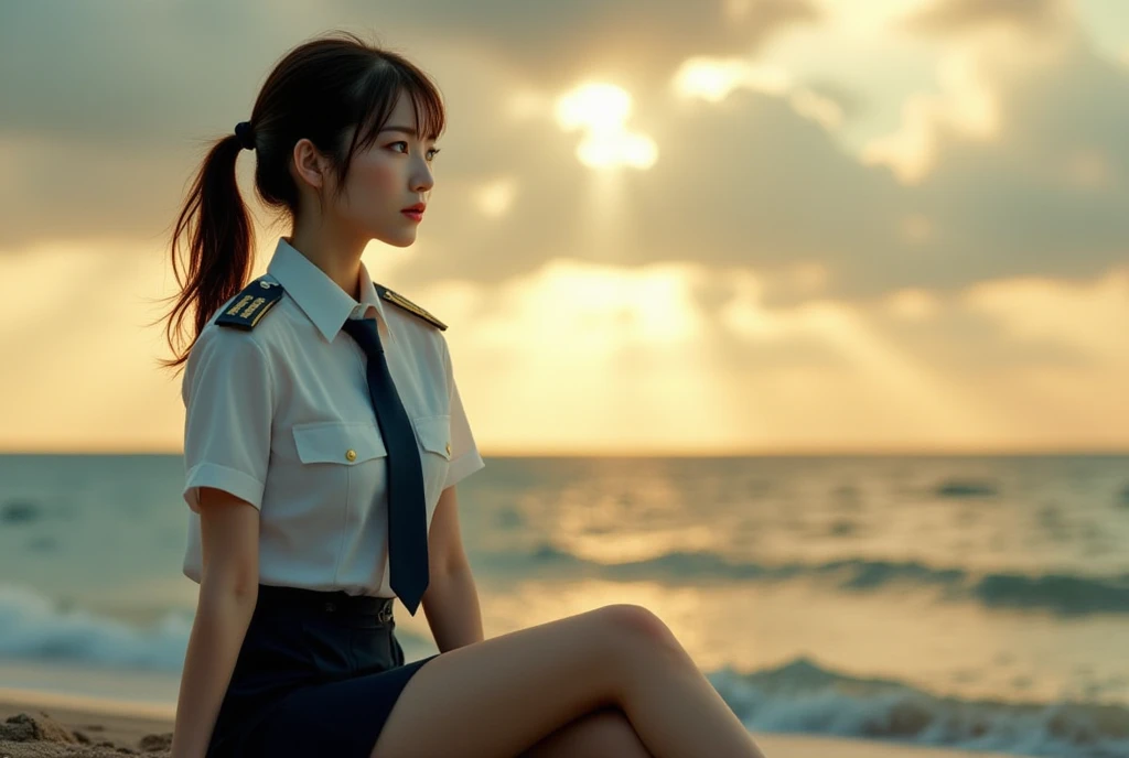 (Best Quality, hight resolution, masutepiece :1.3), (Taken from below), Pretty Woman, Orange sunset sky, Sun and clouds on sea background, Cute girl in uniform. Her hair is light brown in medium bob style. She wears a white blouse and pleated skirt, squatted with legs wide open, Blushing face, looking in camera, Dynamic shooting angle