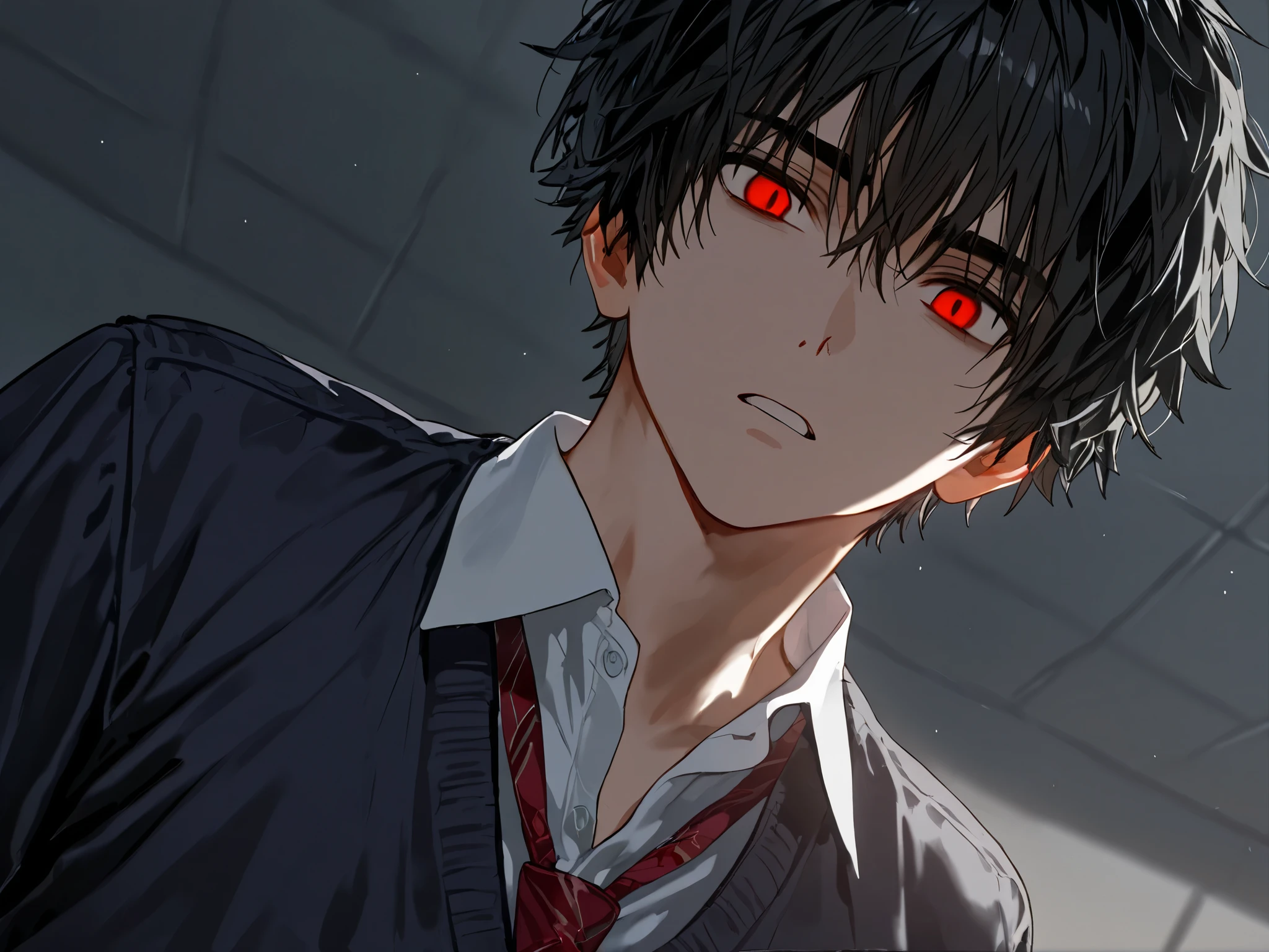 1male, strong, messy black hair, red eyes, school uniform, sexy
