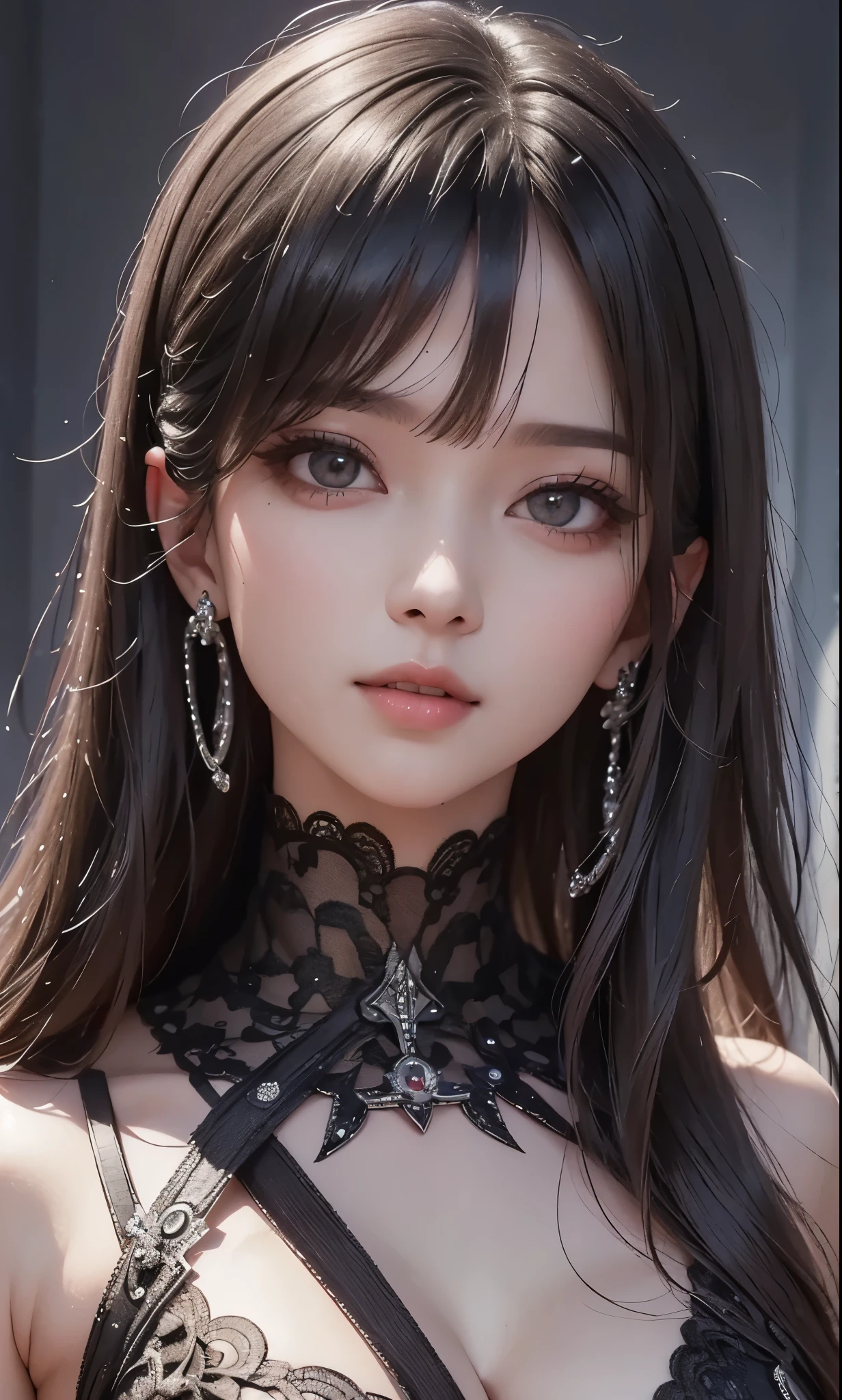 masterpiece, best quality, ultra-detailed, facing the camera head on, intricately detailed hyperdetailed, realistic, sharp features, highly detailed, sharp focus, perfect face, perfect face, perfect symmetrically perfect eyes, perfect full lips, flexible female form, cinematic, film light, hyper detailed, hyper realistic, masterpiece, atmospheric, high resolution, vibrant, dynamic studio lighting, ((Dark background)), Facial expressions when receiving pleasure, straight Bangs, red Eyes, intricate ornaments, black and white Cyberpunk futuristic style, active posing
