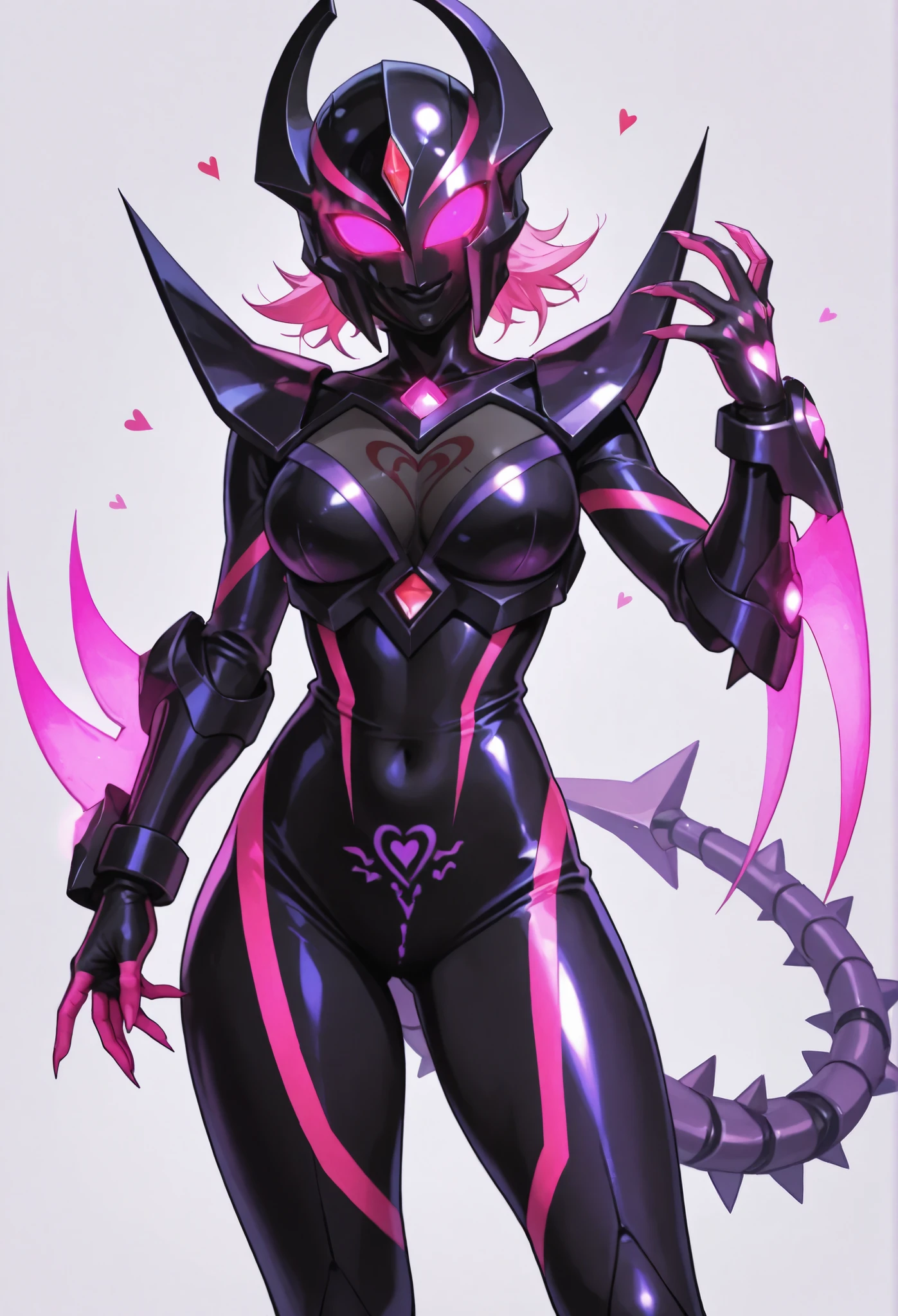 Dark UltraWoman. （high quality）（luster）（(Black Face and red eyeline)）（Black thema color. Purple thema color. black helmet. A full-face helmet. Pink lines. Purple glowing mechanical eyes. The whole body is covered with a black bodysuit. Thick legs. Spike decoration. Pink lines all over the body. Heart tattoo . purple coloreye. pink glow crystal. pink sharp claw. White background.