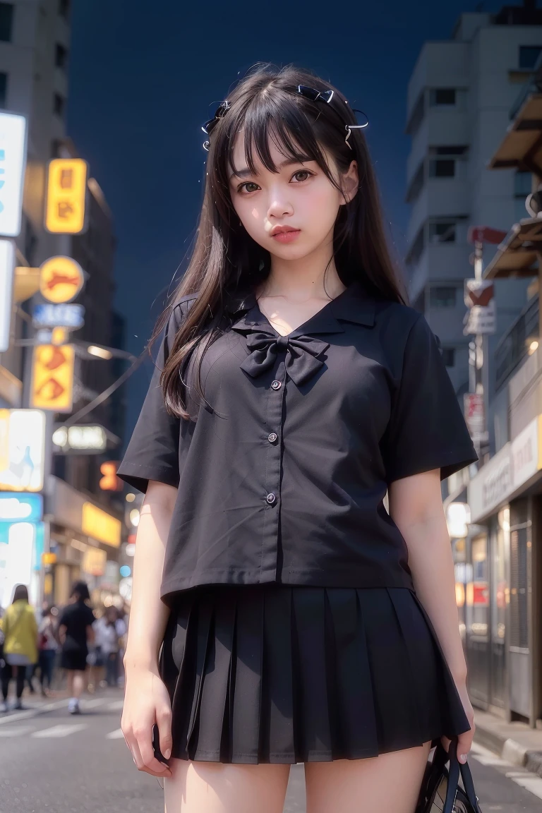 (8k, RAW photo, best quality, masterpiece:1.3),(realistic,photo-realistic:1.37),(night),(looking at viewer:1.331),(white hair),posing,Tokyo street,nightcityscape, cyberpunk city,soft light,1girl,extremely beautiful face,bust,put down hands,Random hairstyle,Random expression,big eyes, ,lower abdomen,(short-sleeved
JK_shirt),JK_style,(dark blue JK_skirt) ,(bow JK_tie),mix4