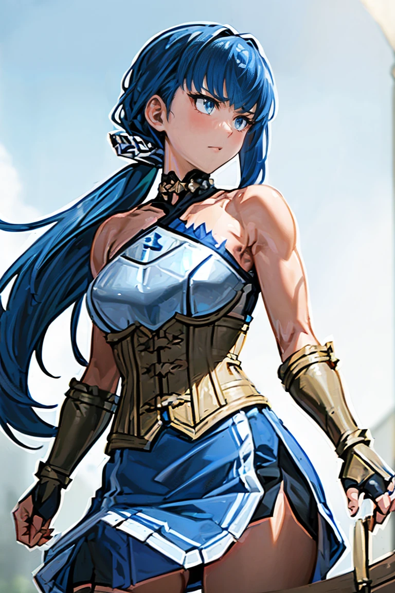 close up shot of a woman in a silver and blue dress, silver armor, large breasts, cleavage, chengwei pan on artstation, by Yang J, detailed fantasy art, stunning character art, exposed midriff