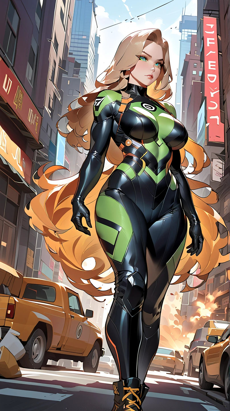 ((Best quality)), ((masterpiece)), (detailed: 1.4), (Absurd), Fighter pilot black woman ready for war, very fleshy mouth, back, perfect ass, muscular sculptural body defined, half thick naked thighs, closed mouth, very tanned and shiny skin, only in panties, muscular body covered by technological clothing, Neon Genesis Evangelion style, cyberpunk, generous neckline, ((perfect large breasts)), (brown eyes without pupils), ((black, dark green and yellow clothing)), (((clothing based on the South Africa flag)))), (((full afro hair))), ((leopard pattern on the arms)), long eyelashes, short underwear, garter belt, skin glove and leopard claws, by mucha, niji --V5, close to real, psychopathic, crazy face, sexy pose, background with a giant Gundam-style robot head, 2 piece clothing, shoulder pads, airplane wings on the back, pastel, centered, scale to fit dimensions, HDR (High Dynamic Range),Ray Tracing,NVIDIA RTX,Super-Resolution,Unreal 5,Subsurface dispersion, PBR texture, Post-processing, Anisotropic filtering, Depth of field, Maximum clarity and sharpness, Multilayer textures, Albedo and specular maps, Surface shading, Accurate simulation of light-material interaction, Perfect proportions, Octane Render, Two-tone lighting, Wide aperture, Low ISO, White balance, Rule of thirds, 8K RAW, crysisnanosuit