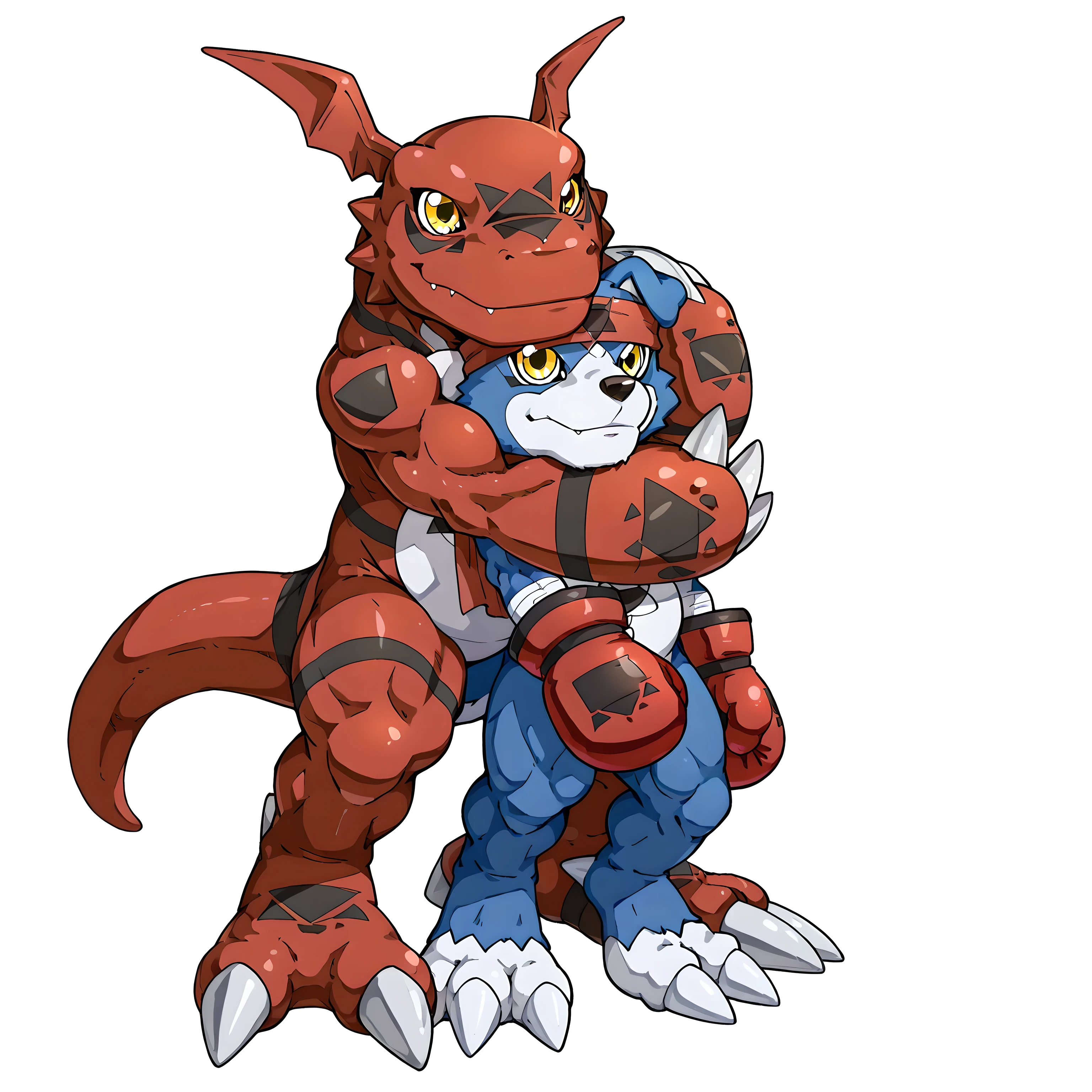 guilmon and gaomon, guilmon, gaomon, digimon (creature), dog boy, blue body, furry, dog, dog tail, blue fur, yellow eyes, headband, boxing gloves, high quality, male, two characters, white background, no background, guilmon is taller, choke hold, chokehold, guilmon has gaomon in a headlock, arm around head, guilmon is behind, gaomon in front,