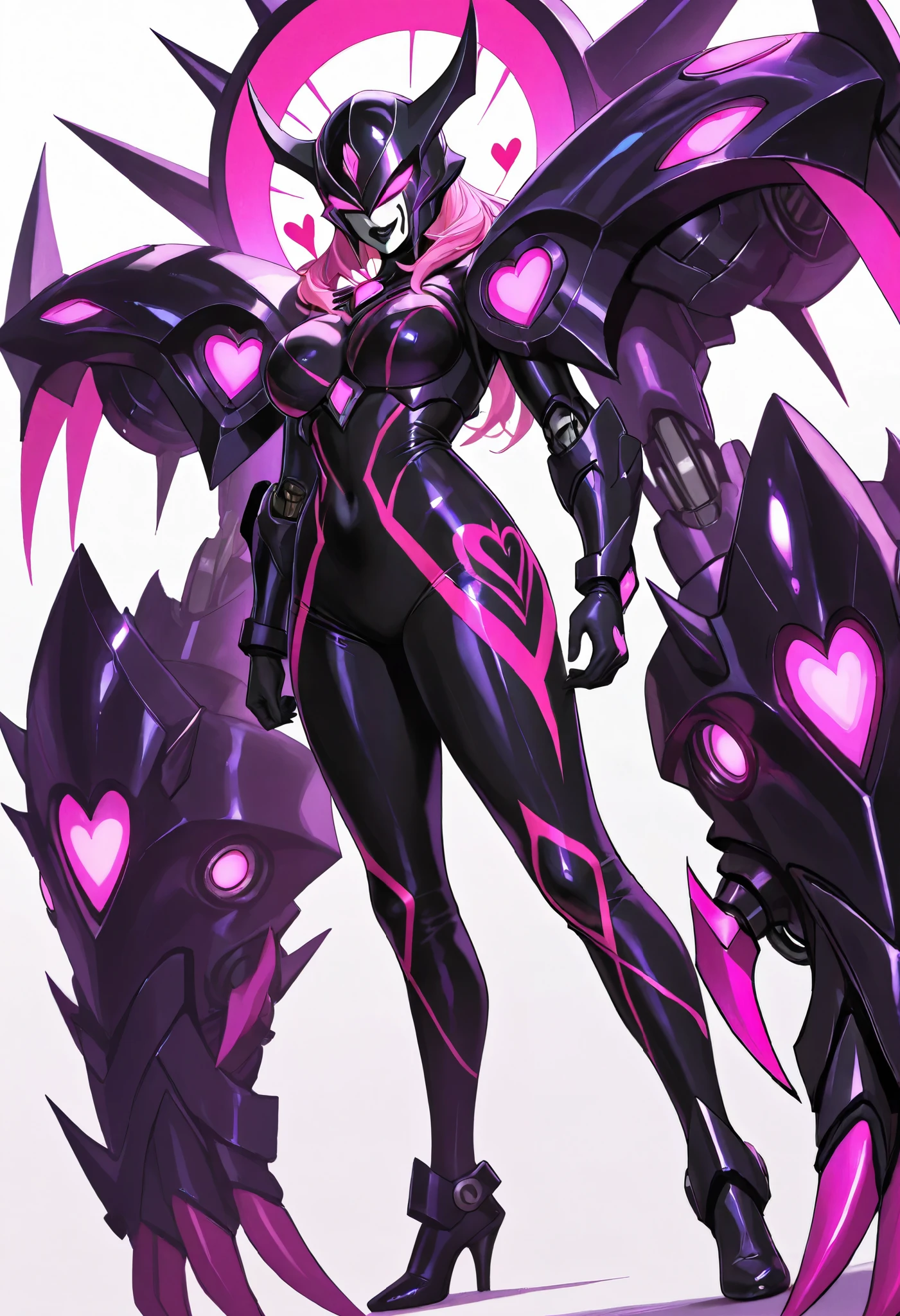 Dark UltraWoman. (high quality)(luster)((Black Face and red eyeline))(Black thema color. Purple thema color. black helmet. A full-face helmet. Pink lines. Purple glowing mechanical eyes. The whole body is covered with a black bodysuit. Thick legs. Spike decoration. Pink lines all over the body. Heart tattoo . purple coloreye. pink glow crystal. pink sharp claw. White background.