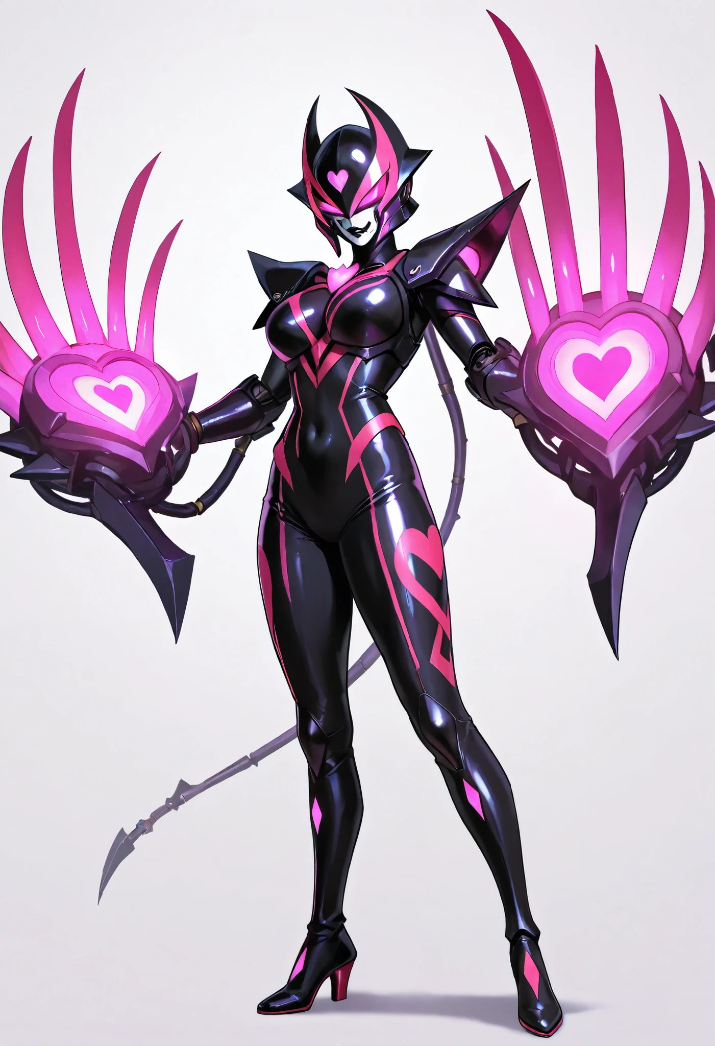 Dark UltraWoman. (high quality)(luster)((Black Face and red eyeline))(Black thema color. Purple thema color. black helmet. A full-face helmet. Pink lines. Purple glowing mechanical eyes. The whole body is covered with a black bodysuit. Thick legs. Spike decoration. Pink lines all over the body. Heart tattoo . purple coloreye. pink glow crystal. pink sharp claw. White background.
