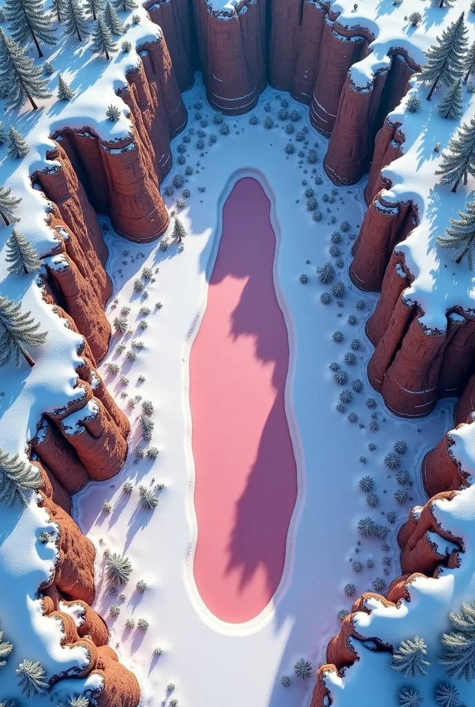 Aerial view of satellites，Ice Field Grand Canyon ，The entire canyon is brown ，Covered with thick snow ， There is an oblong pink lake in the middle of the canyon， small hilly terrain raised high at the edge of the canyon， oblong lake, a section of arrow-shaped 
