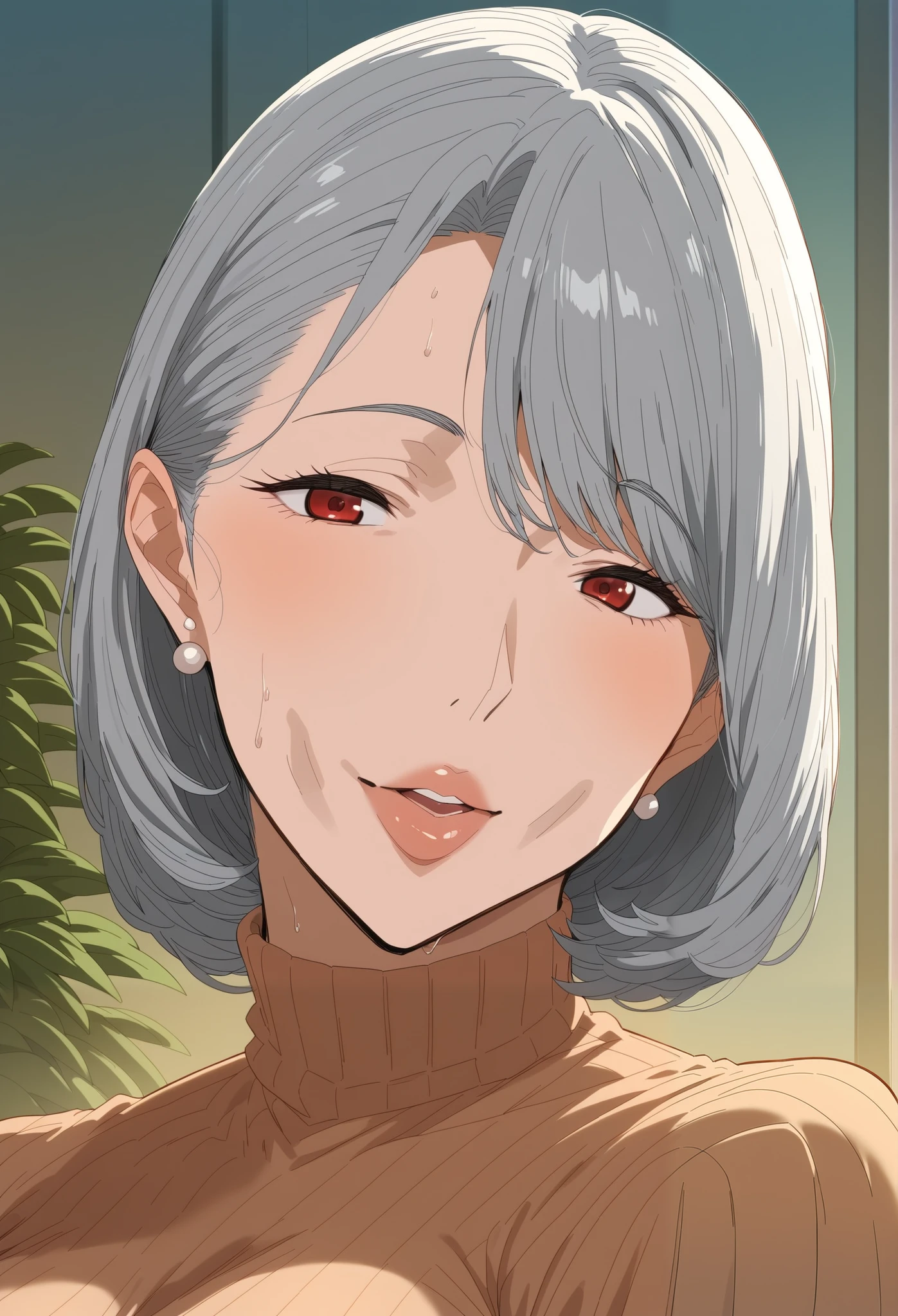 score_9, score_8_ up, score_7_ up, score_6_ up, source_Anime, one girl , chest, alone, Gilf、 grandmother 、 grandma , nasolabial fold 、 gray hair, sweat, Similarly , split van、amount, Video viewers , slightly longer hair, red eyes, open lips , red Similarly , big breasted, Sultry body, Ribbed sweater, Long Sleeve , vertical striped sweater 、 perfect clothes for the body 、 Long Maxi Skirts 、 do、 knight 、 dark bedroom