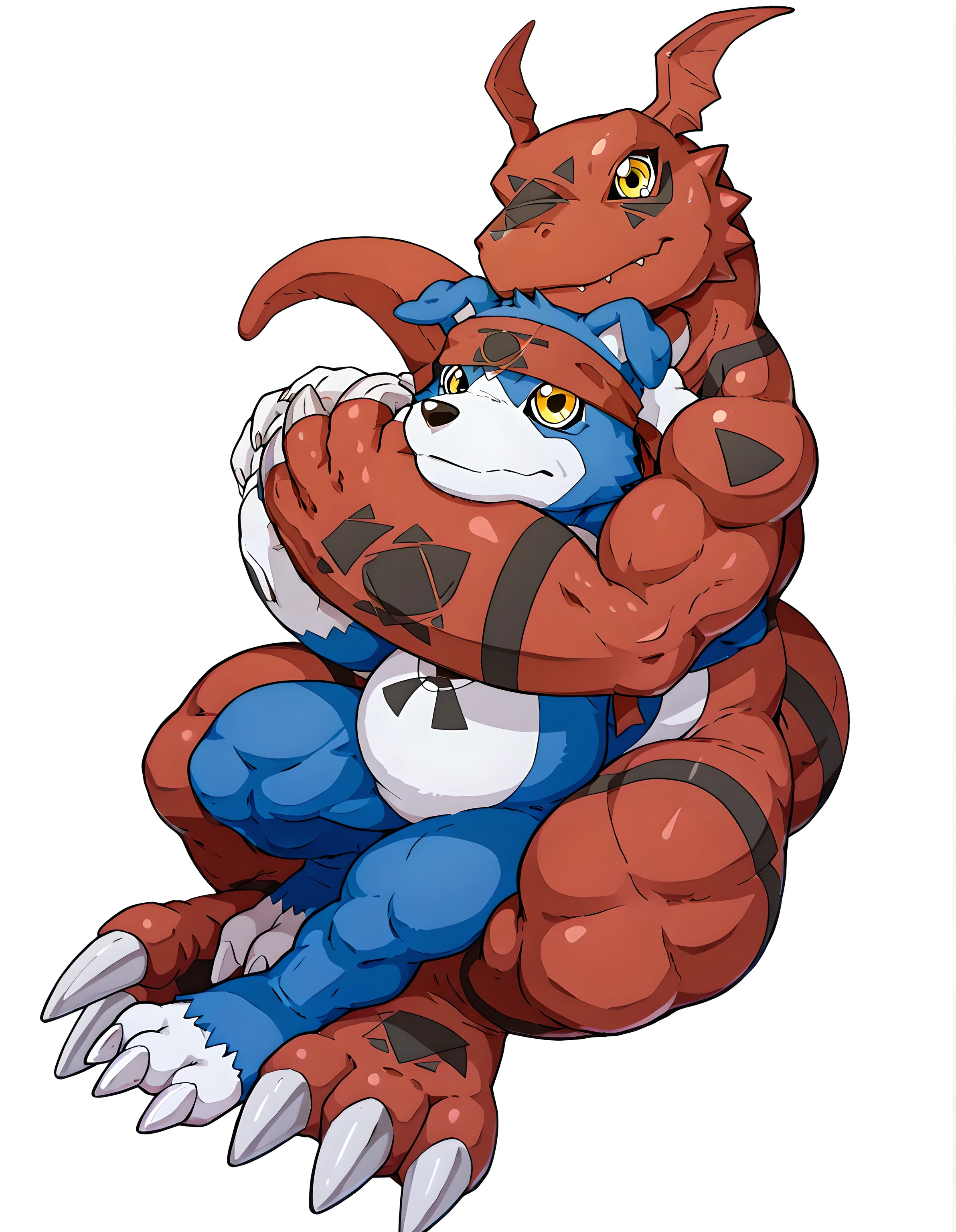 guilmon and gaomon, guilmon, gaomon, digimon (creature), dog boy, blue body, furry, dog, dog tail, blue fur, yellow eyes, headband, high quality, male, two characters, white background, no background, guilmon is taller, choke hold, chokehold, guilmon has gaomon in a headlock, arm around head, guilmon is behind, gaomon in front, bare hands
