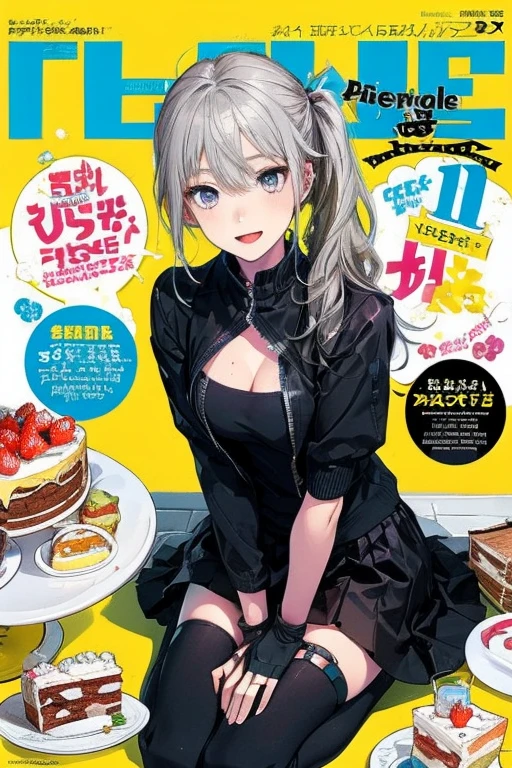 1 girl, small nose, very beautiful detailed face and eyes, bright colors, cute face, delicate beautiful face, Bright magenta eyes, cute eyes, sparkling eyes, Big eyes, (big breasts:1.3), (perky chest:1.1), (pointed chest:1.0), (cake magazine cover:1.3),highest quality, WorKs of masters, High resolution,BlacK color hair,shiny hair, side ponytail,hair between eyes,bangs, (black jacket, real clothes, cleavage, black skirts, black thighhighs, thigh strap, fingerless gloves, single glove:1.2) , spread legs, panties shot, medium hips, glamorous body, white skin, smile, thin pubric hair, super beautiful face, Super beautiful eyes, Super beautiful hair,trendy outfit,sexy and attractive,full body esbian, Real World, Natural light,perfect Natural light,(with sparkling eyes and a contagious smile), This masterpiece is not only visually stunning but also tells, make of cake cooking , in the kitchen, open mouth, looking at viewer,