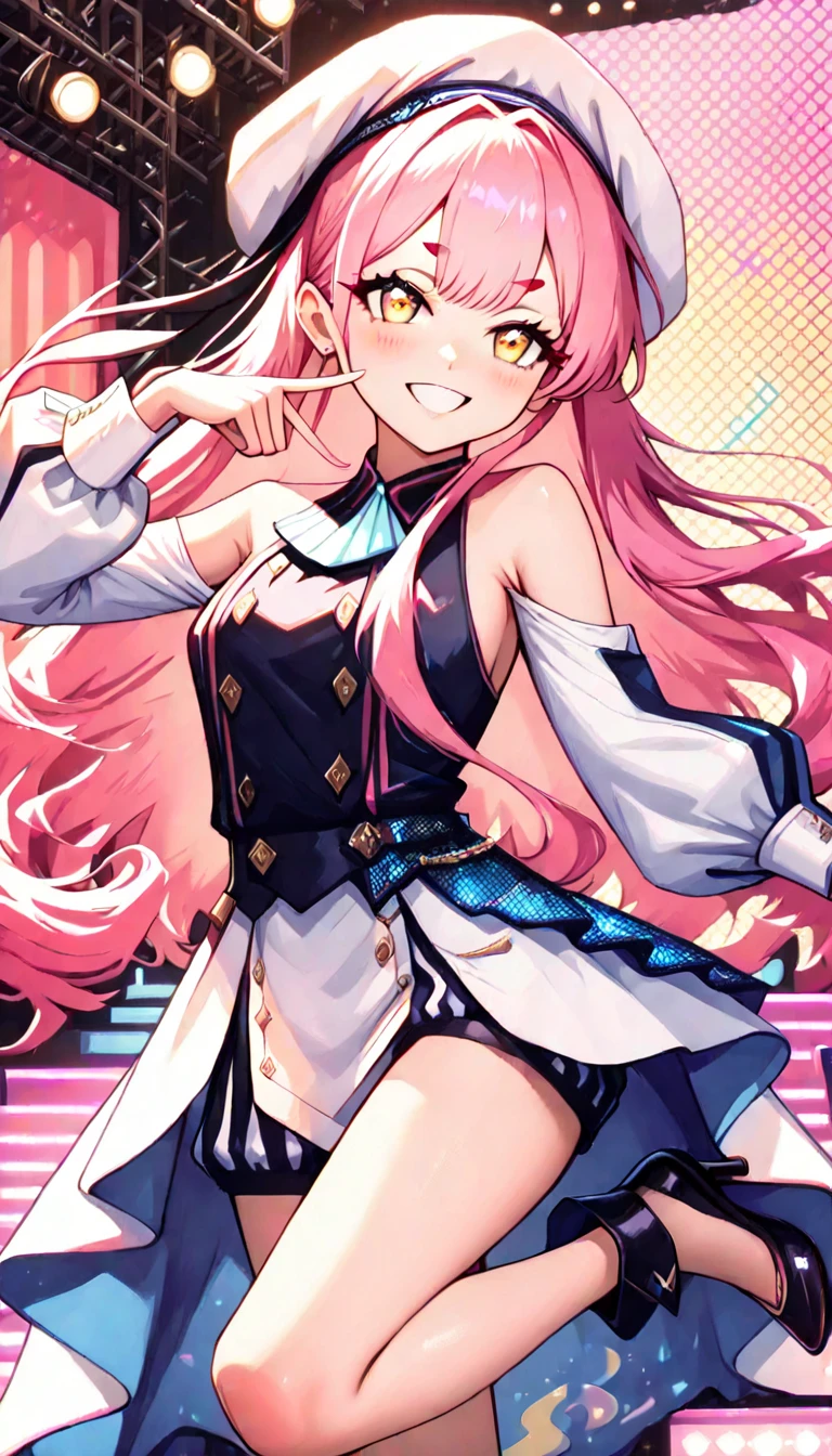 Thick paint: 2, 8k, masterpiece, dynamic angle, upper body, ((Detailed eyes and detailed face: 1.2))))), (Perfect human hand, super detailed human 5 fingers)))), ((Perfect human foot)), Upper body, 2 girls, Smile, Wolf ears, Wolf tail, Pink eyes, Hair between eyes, (Wink))), D cup, cleavage, striped hair, (Colorful hair colors: 1)))), ((((Random hair color: 1)))), variegated hairstyle: 1, twin tails, ultra-detailed gradient hair, ((((T-shirt with kagenari letters)))), ruffled dress, love live, jewelry, best stage, climax, professional stage, ((((Perfect singer holding the microphone with left hand and singing emotionally, perfect singer, screaming: 1.2, overflowing emotions, Best smile))), Singer, Vocalist: 1, Idol, Diva, Professional Stage, Professional Lighting, Live Lighting, Distract the Gaze, Fan Service: 1, ((Singing on the stage of the AI spaceship (background, AI spaceship: 1.2)))), ((Singing on the stage of the AI spaceship: 1.2)), (Panchira, cute panties)), full audience