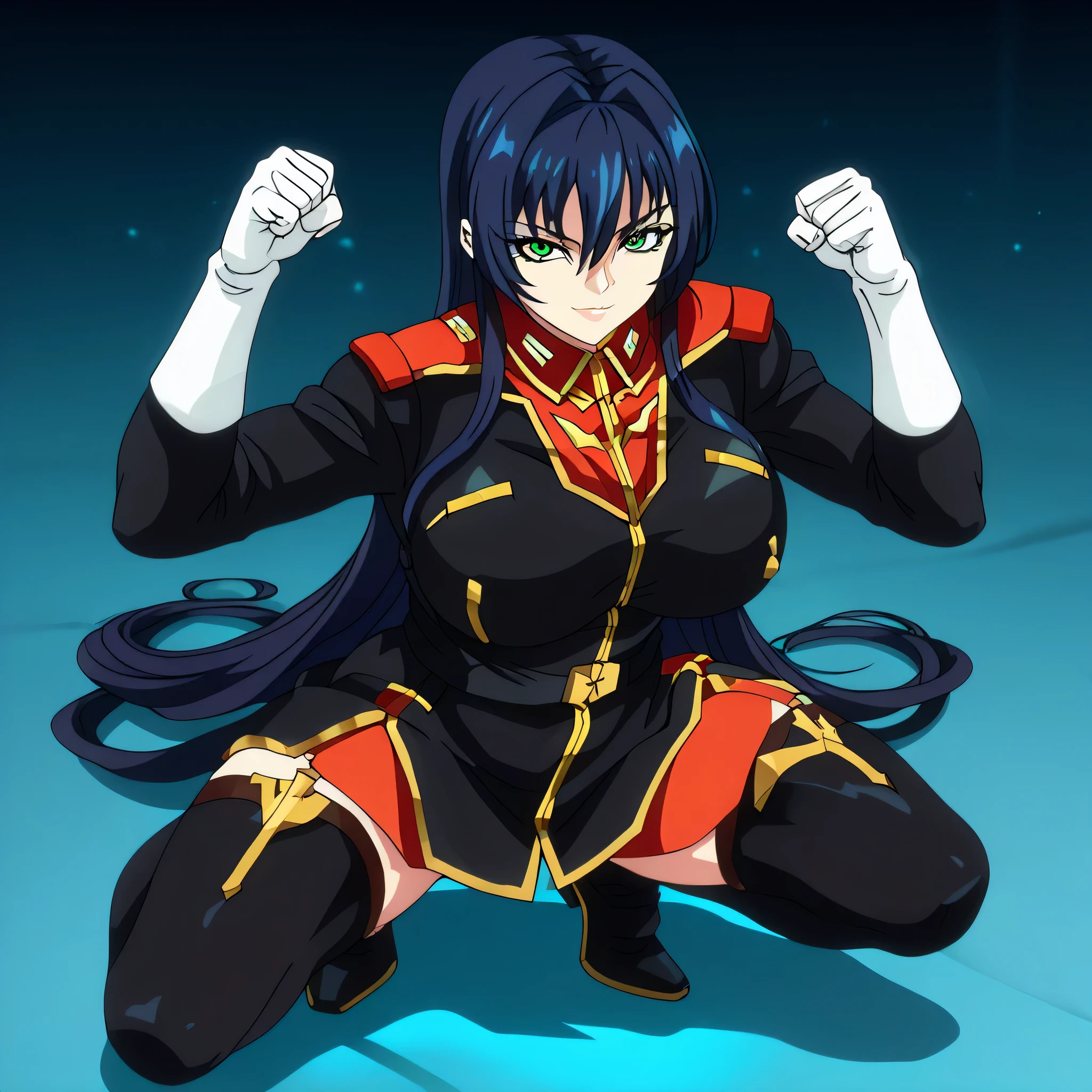 ultra-High resolution, score_9,score_8_up,score_7_up,score_6_up,score_5_up,score_4_up, BREAK, source_anime, anime screencap, uncensored, rating_explicit, Masterpiece, curvy, looking at viewer, Fighting Stance, (((solo, 1girl))), hair ornament, (((TitanOutfit))), full body, ZetaGBTT, seductive pose, submissive pose, large breast, huge breast, smile, gentle smile, seductive smile, ConPhoMy, long hair, very long hair, hair between eyes, green eyes, blue hair,