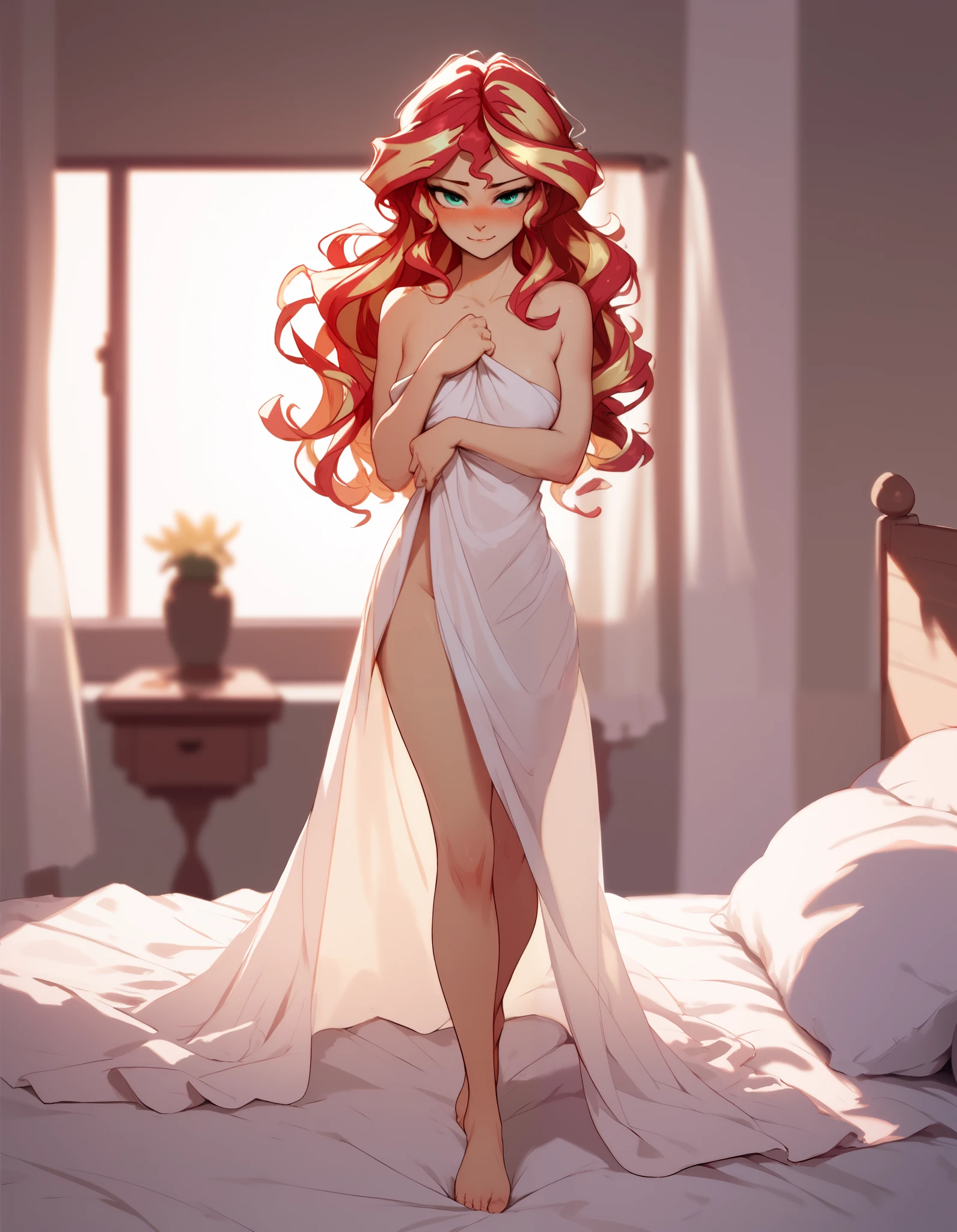 sunset shimmer, wavy hair, very detailed, walking into a bedroom, covering herself with a silk sheet, blushing, bedroom eyes