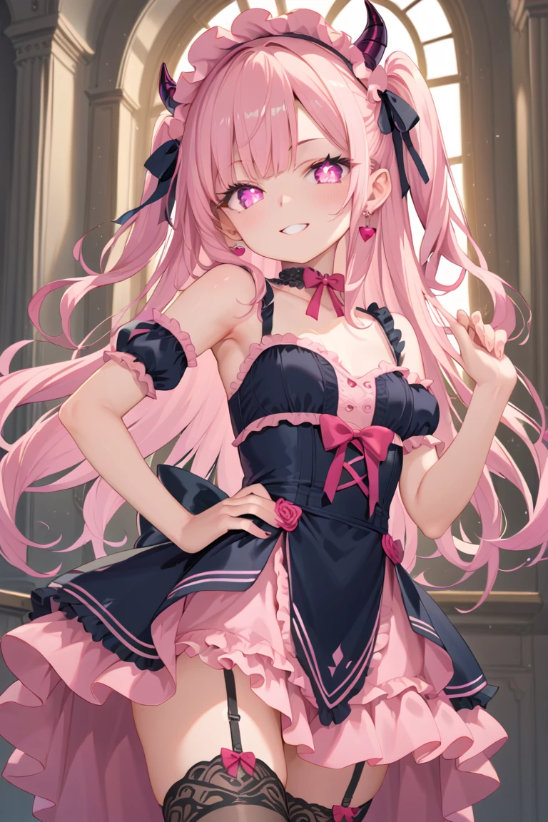 highest quality, Super detailed, Beautiful Face, from_Under, cowboy_shot, One girl, 1人in, 1Dildo, underwear, under panties, Under clothes, in, g,Cherry colored detailed lace lingerie、Glossy twin tails、Dynamic Pose、Uplifting、Glittering illumination