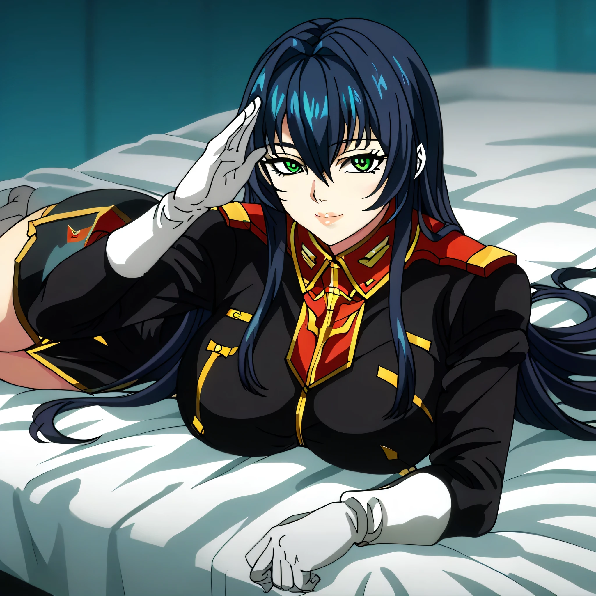 ultra-High resolution, score_9,score_8_up,score_7_up,score_6_up,score_5_up,score_4_up, BREAK, source_anime, anime screencap, uncensored, rating_explicit, Masterpiece, curvy, looking at viewer, (((solo, 1girl))), hair ornament, (((TitanOutfit))), full body, ZetaGBTT, large breast, huge breast, smile, gentle smile, seductive smile, ConPhoMy, long hair, very long hair, hair between eyes, green eyes, blue hair, salute, saluting, seductive pose, submissive pose, lying down on bed, lying down