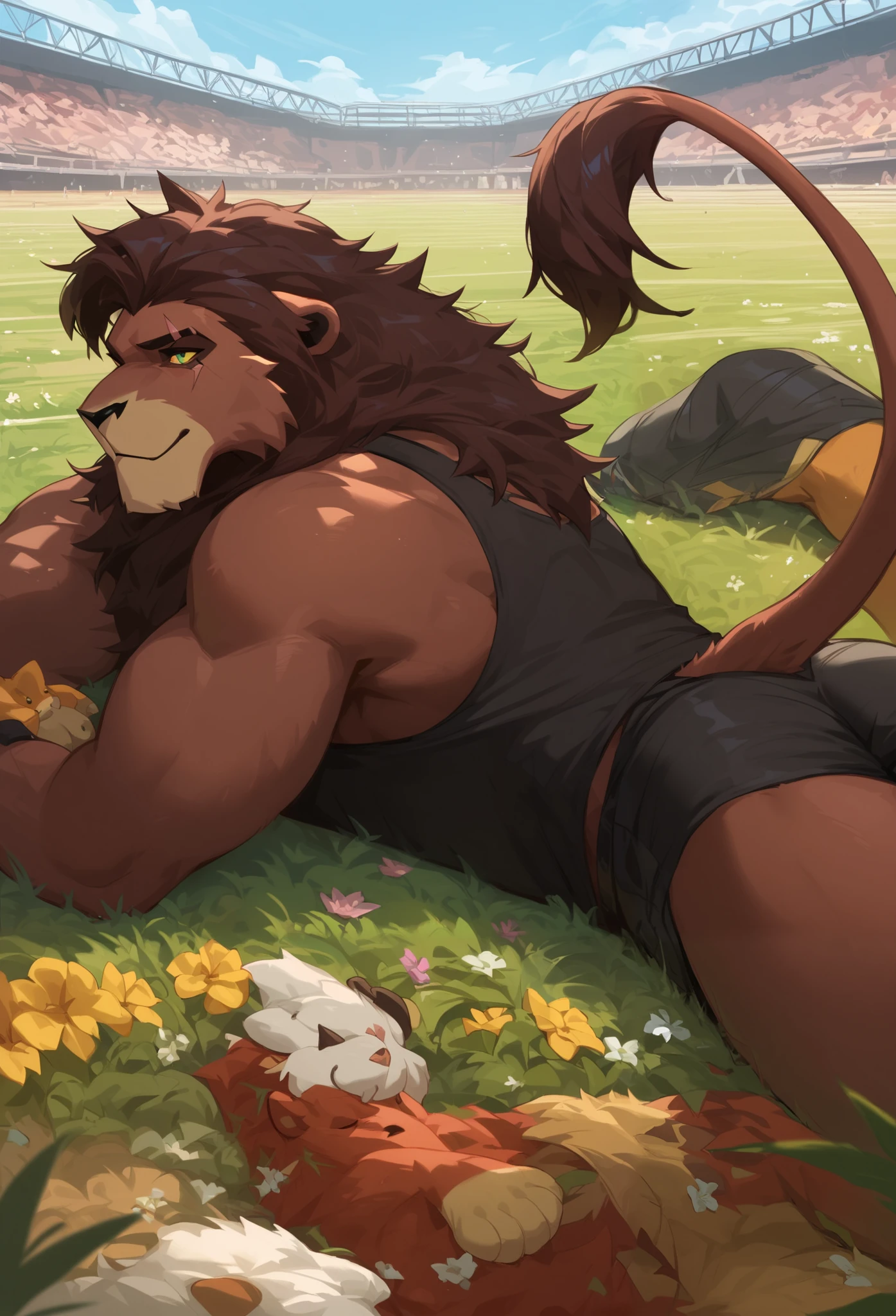 Score_9, Score_8_up, Score_7_up,
(( Best Quality )), absurd ,
KovupXL , eye scar , muscular body, doll, male, 1 boy , Full Body Portrait, audience, Lying down,Prone, bare his upper body, black sports shorts,Hips,Hip focus,grassland, 趴在grassland上, Flowers, sunshine,smooth, Japanese Anime, Expressiveness,