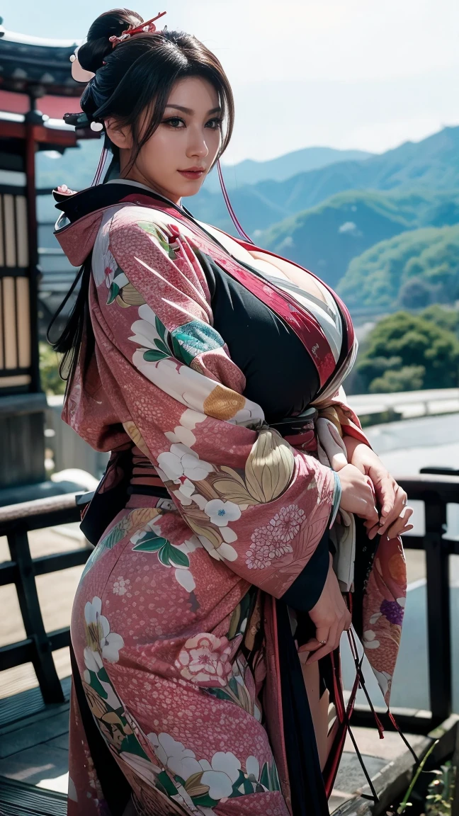 (in 8K、超A high resolution、Best Quality、masuter piece、Photorealsitic、The ultra -The high-definition)、(huge tit、Always wear a colorful long-sleeved kimono with a floral pattern:1.28)(Always walk around town at night、Black hair semi-long:1.18)A Japanese Lady、Cute smile、geta