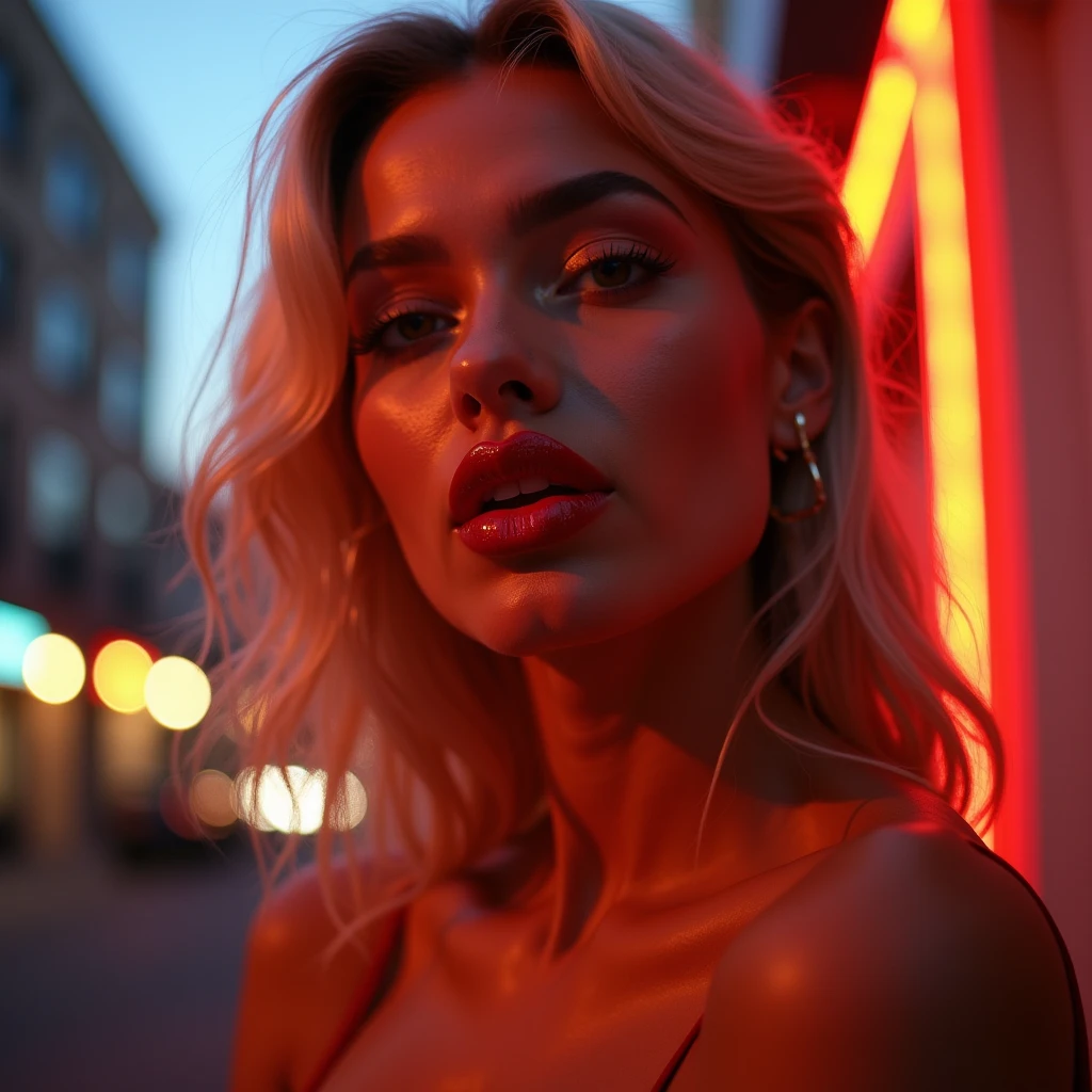 sexy American girl with heavy sexy makeup face not fat subtle jawline blonde