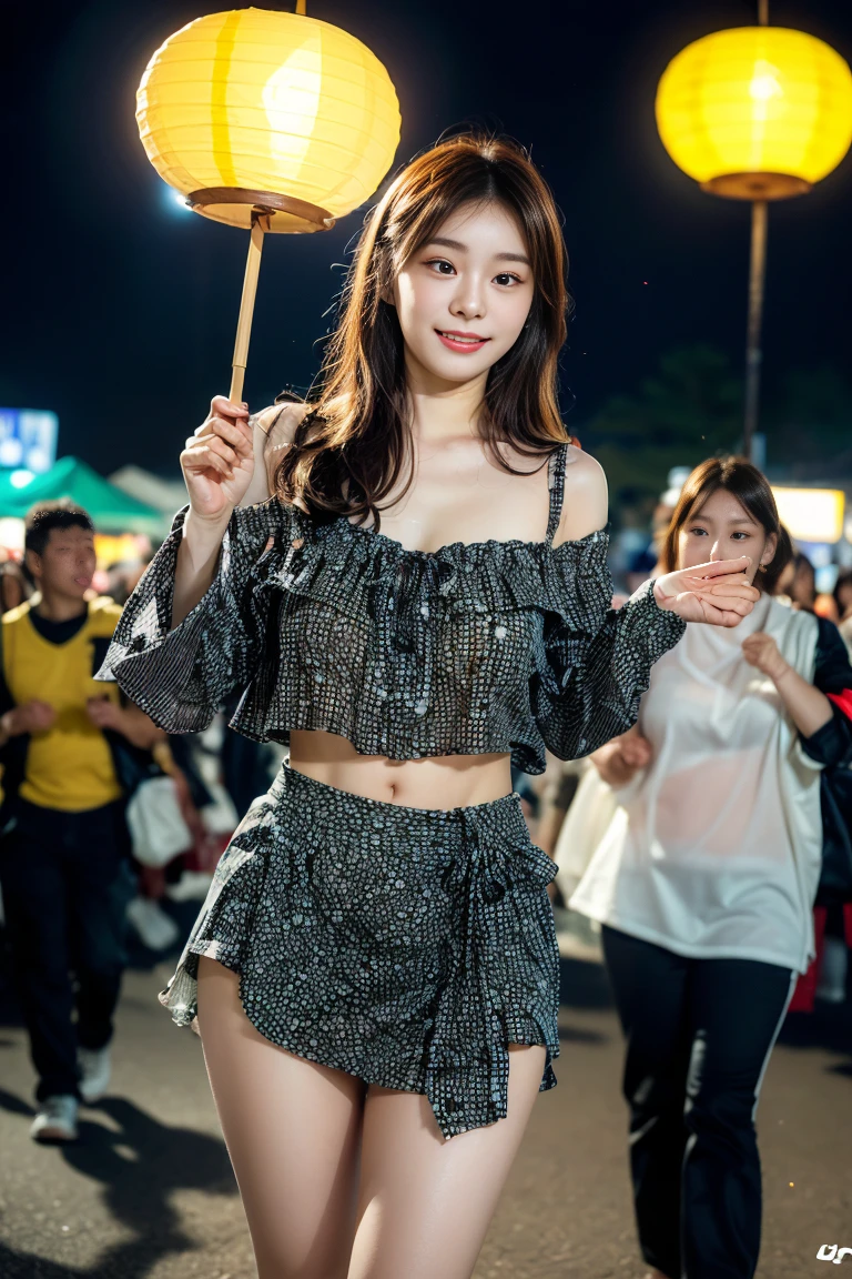 tmasterpiece，best qualtiy，Young girls，with brown eye，The color hair（red colour:1.3+blue colors+In pink:1.3+purpleish color+amarelo+green color），joyful smile，shiny skins，nice leg line，thick thight，Bigchest，Big breasts Thin waist，short denim skirt，Lace top，Cute Christmas hat，kneehigh boots，Necklace Waterfall，Bucket bag，Shabby feeling，cyberpunk building，Christmas Carnival，Celebrate the crowd，fire works，Christmas tree，putting makeup on，depth of fields，facing away from the audience，Stand upright，full bodyesbian，Legs up。