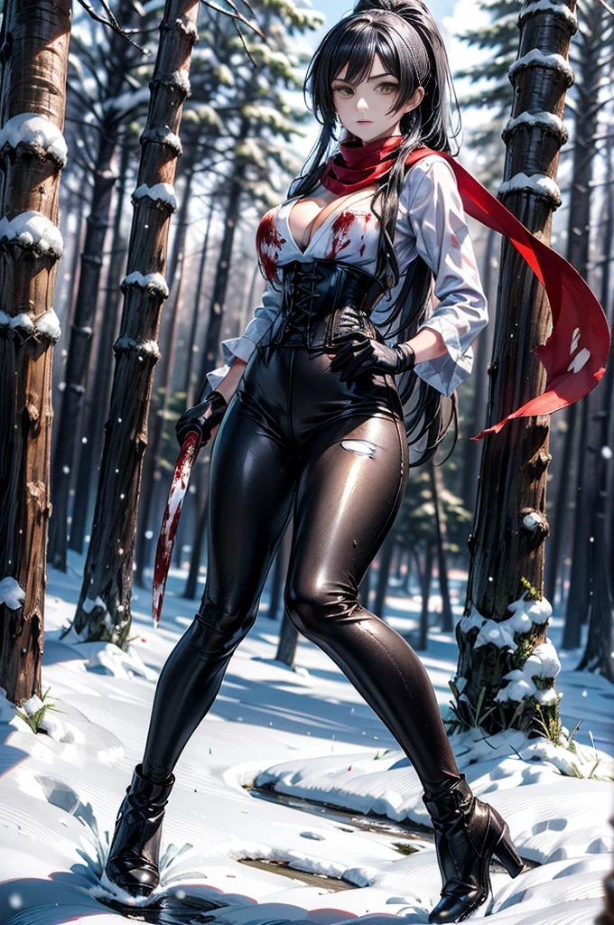 1 woman, standing, with seductive expression, loving smile, view from behind, perfect ass, detailed eyes, pose sexy, long black hair, his super detailed glowing eyes, Full lips painted red, chiseled physique and wide hips.  glasses, choker:1.6, (long sleeve white collar buttoned shirt), (shiny black corset), black gloves covering your hands, holding a gun with the right hand, (shiny black leggings), Walking in a dark forest at night, This image oozes realism., capturing the essence of a fragile figure. digital art, photorealistic and high definition technique