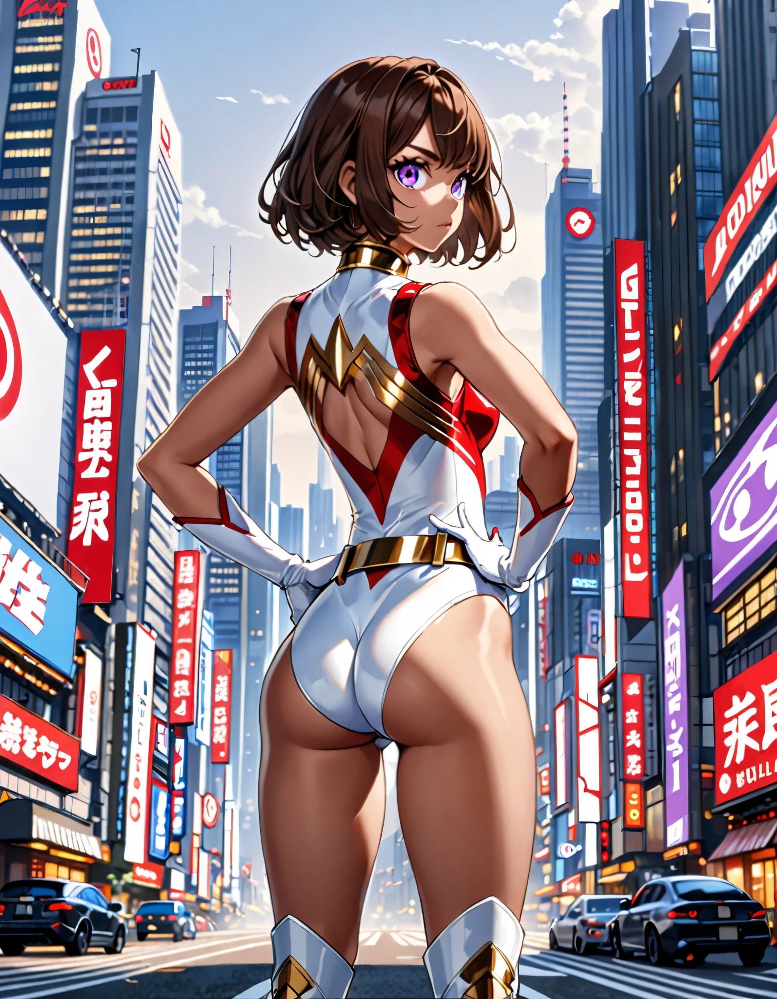 (masterpiece), (best quality), (high res), medium breasts, ((leotard, white and red leotard, matching leotard, sleeveless, bare legs)), ((tight belt, gold belt)), ((boots, matching boots, ankle-high boots, white boots)), ((gloves, white gloves)), city backdrop, tokyo city backdrop, solo, solo focus, standing, (full body), cowboy shot, superhero, ((beautiful detailed eyes)), (brown hair, medium hair, bob hair, purple eyes), (perfect hands, perfect anatomy), cowboy shot, superhero, ((beautiful detailed eyes)), full body costume design, ((rear view, back view)).