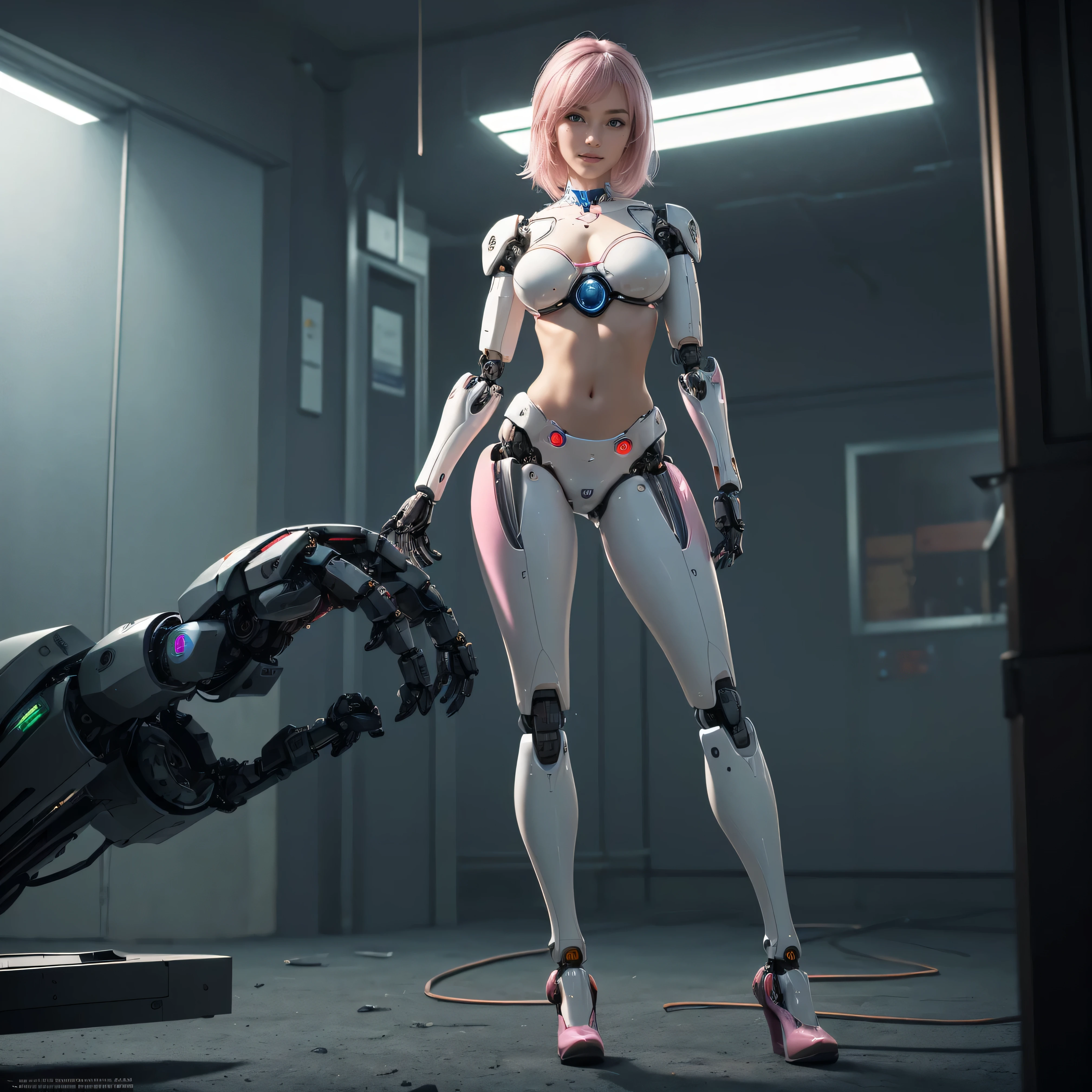 ((of the highest quality)), ((​master piece)), (detail:1.4), Translucent white material with mechanical parts and transparent skin, Beautiful woman in cyber bodysuit made of gray carbon material, Glowing pale with LEDs, (Wide open chest), Ticker (High dynamic range), Ray tracing, NVIDIA RTX, Super Resolution, Subsurface Scattering PBR Texturing, Post-processing, Anisotropy Filtering, depth of fields, Surface Shading, Accurate simulation of light/Material Interactions, perfectly proportions, Two-tone lighting, Wide aperture, Low ISO, White Balance, 8K, NSFW, (((cyber mouth masker))), 25 year old woman, Cyber headgear with dull glowing LEDs, knee high, Dull bangs beautiful short hair, ((Cyber hood with dull glowing LEDs)), beautiful short pink hair, Skin of the hips and thighs, Beautiful body, Chest to feel gravity, (Medium breasts: 1.0), Simple and minimalistic space, Natural sexy poses, Looking down, steel mouth masker, close up