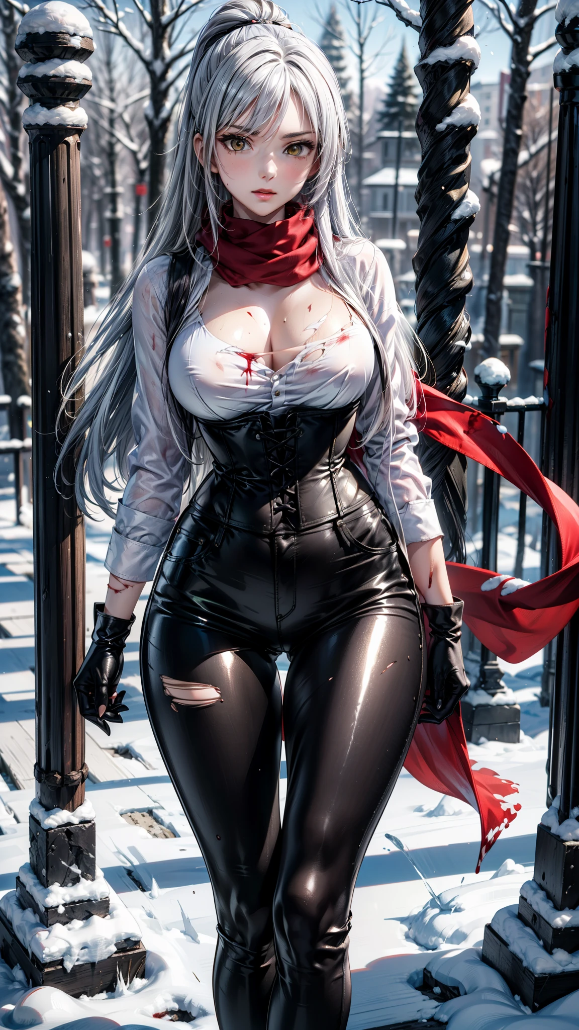 (((blood))), (((blood en el cuerpo))), ((( wounds on the body))), ((( torn clothes))), (Yaedef :1.4), 8K, highres, ultra detailed, ( masterpiece:1.4), ((manos perfectas)), better quality, Sakuya Shirase, symmetrical body, sensual lips, big breasts, slender legs , badass anime girl , bright clothes, beautiful, Alone, of foot, fight pose, (Hold a katana with your hand), (( seen from the front )), tired look, looking at the spectator, long ponytail black hair, detailed face , detailed eye comforter, amber yellow eyes , choker :1.6, choker :1.6, ((red scarf)), (( white long sleeve shirt )), (( black leather corset )), ((( shiny black leggings))), ((shiny black gloves )), (( snowy forest)), blizzard, snow