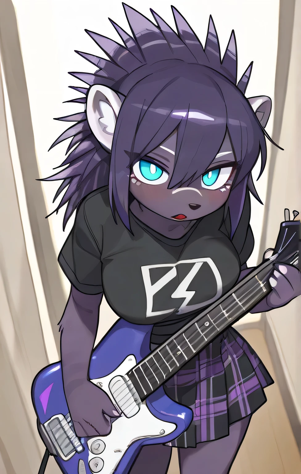 A woman, tanned skin, by blond, a hairstyle with two long braids that fall over her shoulders, with straight bangs that cover his forehead, very messy hair, messy from above, He wears round-framed purple glasses and has a rude expression on his face..., black fur, big and somewhat relaxed eyes, purple eyes, small nose, big breasts, Skinny body, small waist, thick thighs, Spiked Leather Jacket, rocker t-shirt, worn black pants, gothic rings, black eyeliner, rude behavior,smiling, sticking out tongue, showing middle fingers, metal rock sign, to smoke. Leaning against a wall with a garbage container next to it, background concert, Lights,