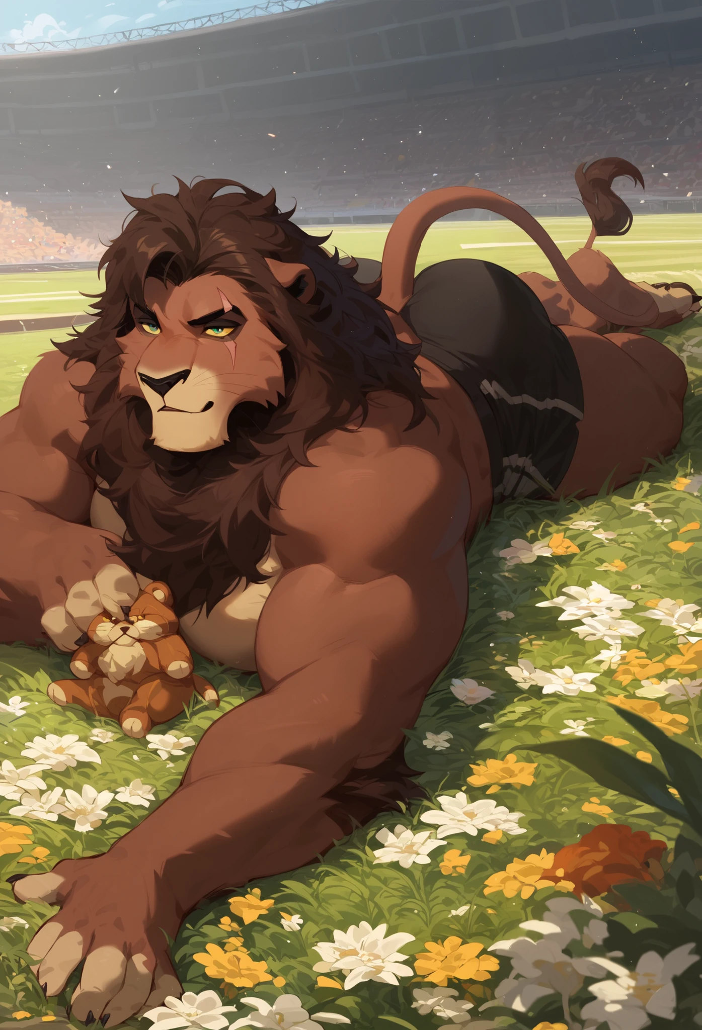 Score_9, Score_8_up, Score_7_up,
（(  Best Quality )),  absurd ,KovupXL ,  eye scar ,  muscular body, doll,  male,  1 boy , Full Body Portrait, audience, Lying down，Prone,  bare his upper body,  black sports shorts，Hips， Big Butts，Hip focus，grassland, 趴在grassland上, Flowers,  sunshine,smooth,  Japanese Anime, Expressiveness,