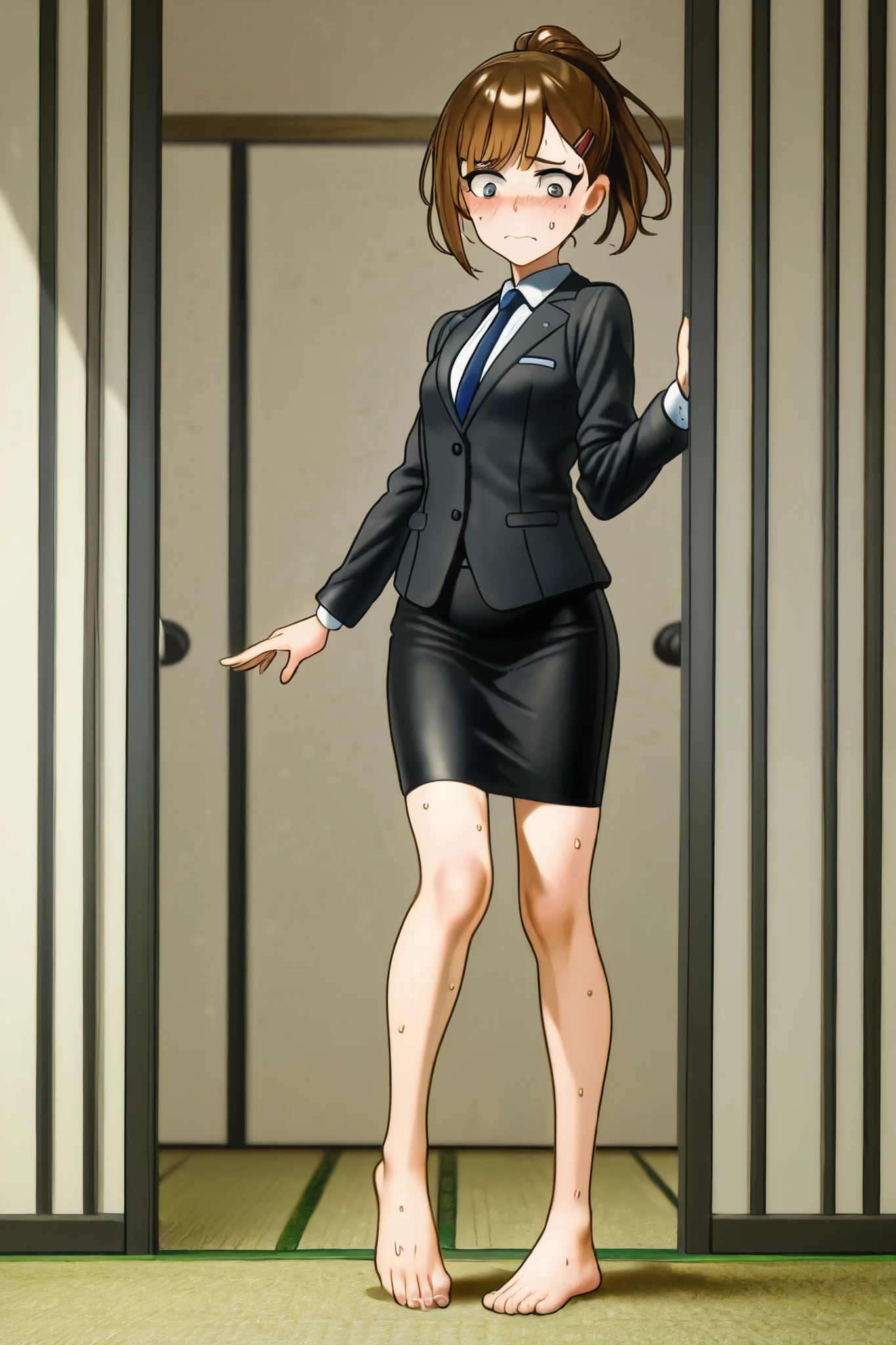 best quality:1.5. Masterpiece:1.5
real
beauty
beautiful woman
capita:1.5
Wearing a black business suit:1.5
black tight skirt :1.5
short hair
Ponytail
brown hair
Barefoot
foot sole
Stand on one leg with your right foot
barefoot:1.5
Steam is coming out of my feet:2.0
My feet are stuffy:2. 0
My feet are sweaty
I'm embarrassed
Draw the whole body
The whole body down to the toes
standing picture
small tits:1.5
Slender :1.8
Luster
Japanese-style room:2.0
Tatami room:2.0
Holding a heel in his hand :2.0