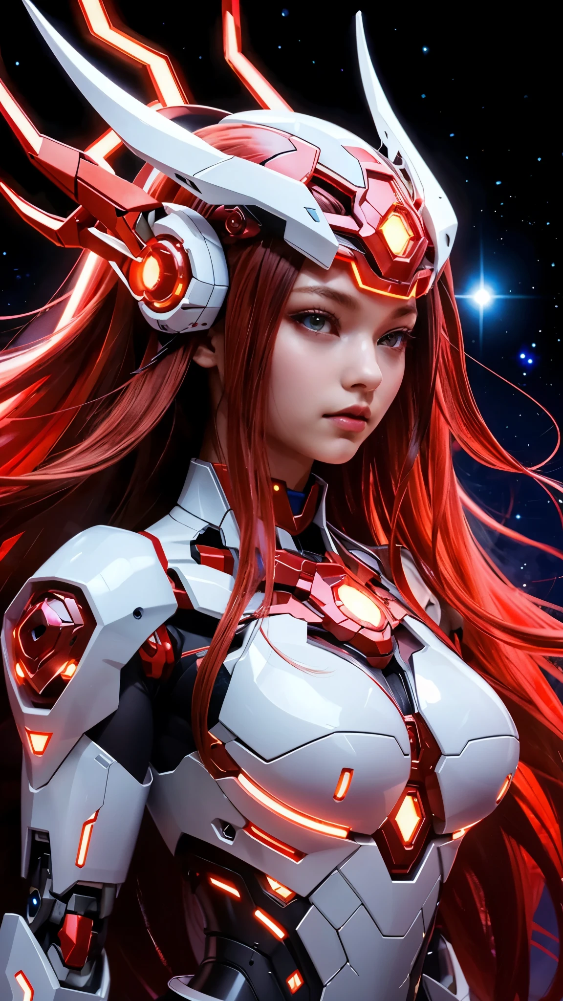girl, cosmic body, celestial body, ethereal, divine lighting, long hair, celestial mecha head, red glow, no_iris, breasts, ornamental details, 