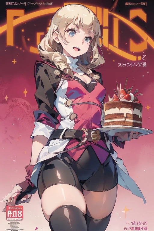 1 girl, small nose, very beautiful detailed face and eyes, bright colors, cute face, delicate beautiful face, Bright magenta eyes, cute eyes, sparkling eyes, Big eyes, (big breasts:1.3), (perky chest:1.1), (pointed chest:1.0), (cake magazine cover:1.3),highest quality, WorKs of masters, High resolution,BlacK color hair,shiny hair, side ponytail,hair between eyes,bangs, (black jacket, real clothes, cleavage, black skirts, black thighhighs, thigh strap, fingerless gloves, single glove:1.2) , spread legs, panties shot, medium hips, glamorous body, white skin, smile, thin pubric hair, super beautiful face, Super beautiful eyes, Super beautiful hair,trendy outfit,sexy and attractive,full body esbian, Real World, Natural light,perfect Natural light,(with sparkling eyes and a contagious smile), This masterpiece is not only visually stunning but also tells, make of cake cooking , in the kitchen, open mouth, looking at viewer,