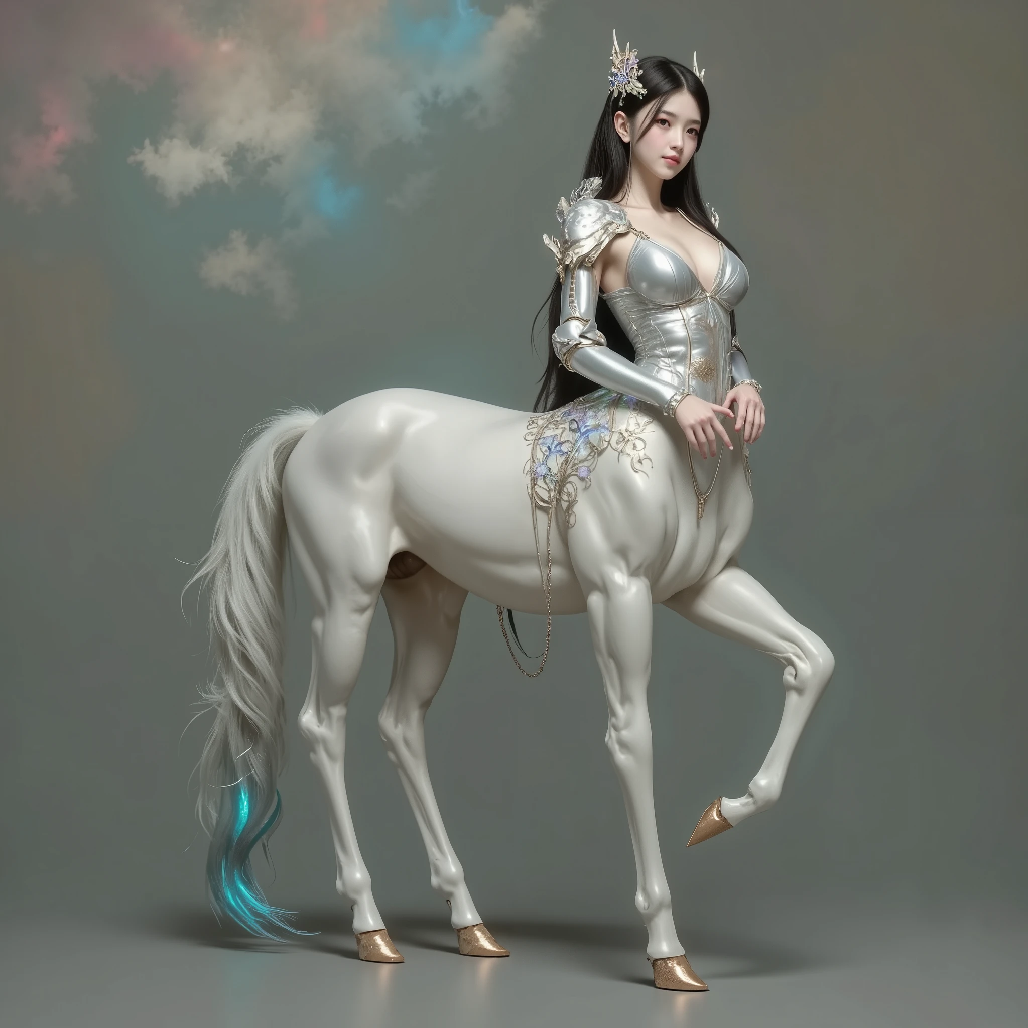   1 A beautiful centaur girl ， silver crown adorns her cheeks and silver robotic arms with colorful fish， In the style of Yan Juncheng  ， with fluorescent colors  ，Fluorescence effect， rich in details，Luminescence、  multi-level character image  ，romantic nature，Detailed illustrations， Loose 、smooth，Close attention ， Blurred Background 