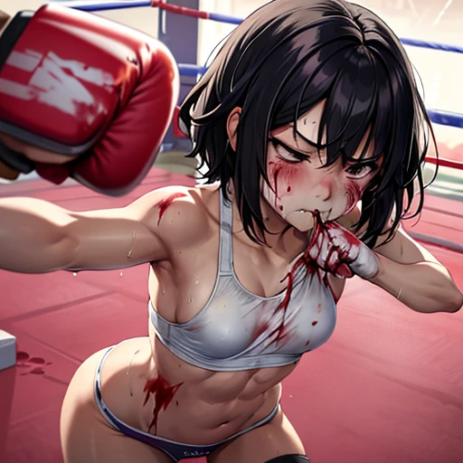 a bloody beautiful young Japanese female fighter is beated down in the fighting ring. Blood is dripping from her nose. She is covered in scars and bruises. she is lying down. she is damaged terribry. she was defeated. she lost the fight. she was knocked out. Short-cut black hair, out of breath, drooling from mouth, crying, exhausted, drenched in sweat. Muscularity. Six-pack abs. Erect nipples. sports-bra, bikini shorts, open finger glove.
