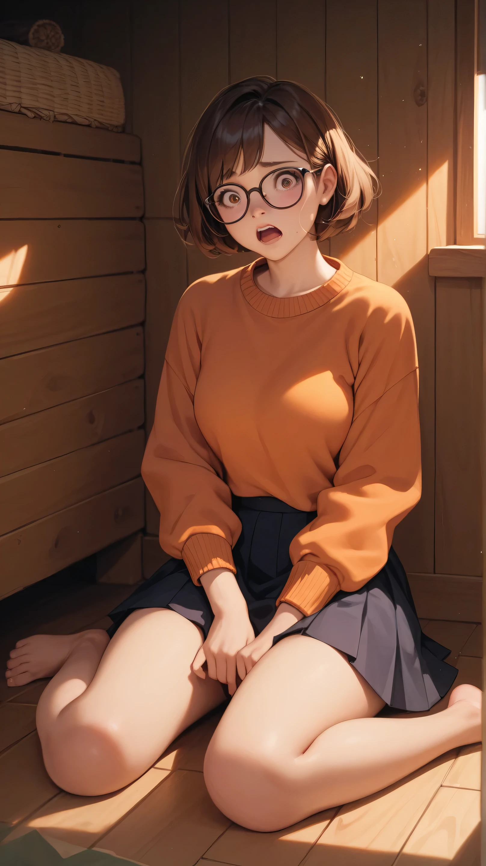 masterpiece, highest quality, ultra detailed, high detail anime, cute young woman, short hair, brown hair, square glasses, scared expression, curvy body, orange sweater, skirt, sitting on floor, inside a cabin, dark lighting
