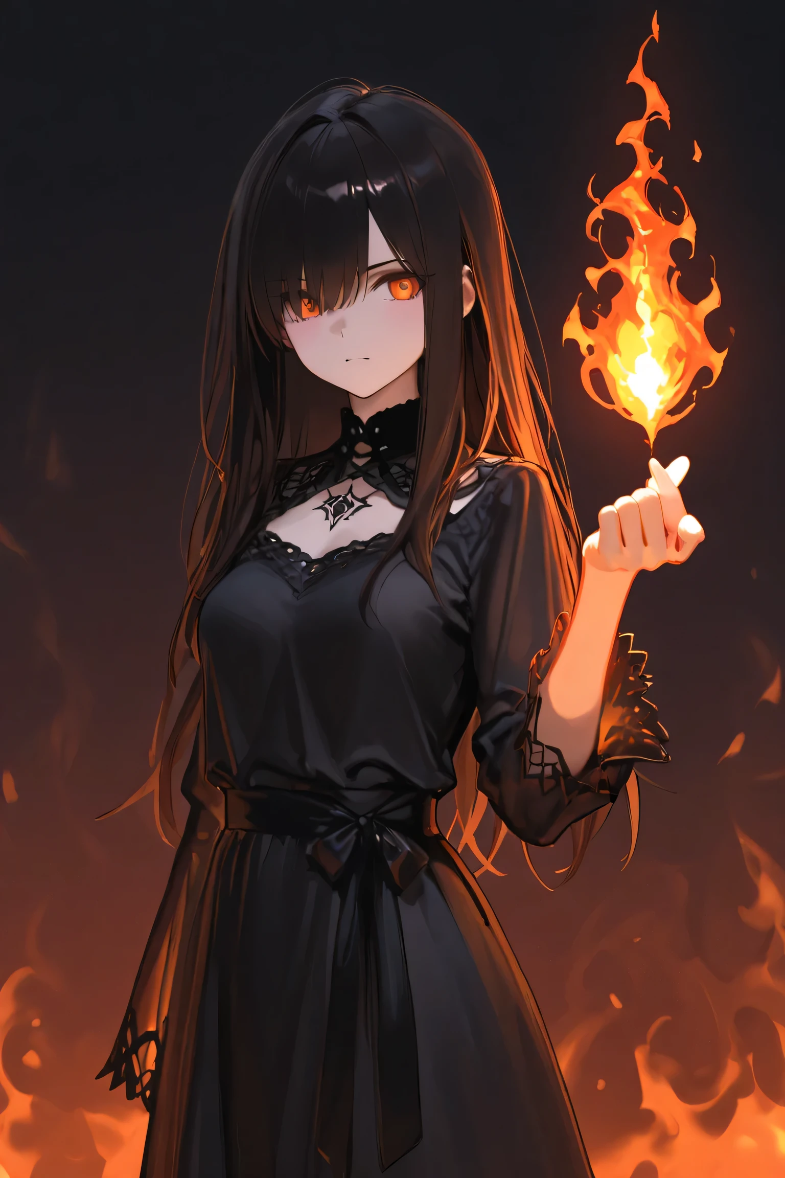The background is dark 。A bewitching woman with long dark hair from Pyrokinesis who manipulates translucent flames。