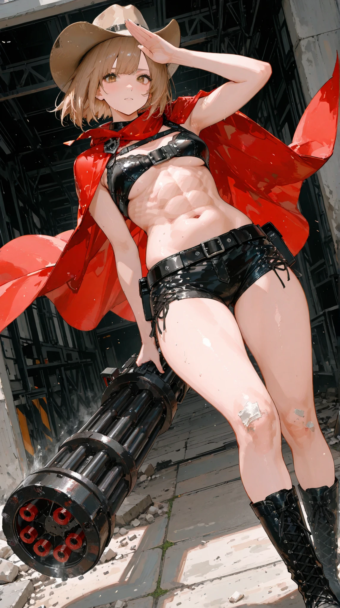 best quality, 4k, ((masterpiece)), extremely detailed, 8k, Trending on ArtStation, intricate, very high details, sharp focus, detailed background, (Fantasy City: 1.4), Roof, 1girl, floor, navel, ( blonde hair), red eyes, hair bow, red scarf, braid, short hair, small breasts, Looking at viewer, smile, belly, blonde hair, {{{very short and sexy bikini}}}, (wearing black panties very short ), Gloves, Brown gloves, (muscular legs), (standing with one leg on the floor and the other up), {{{holding the leg up}}}, (((facing me)) ),