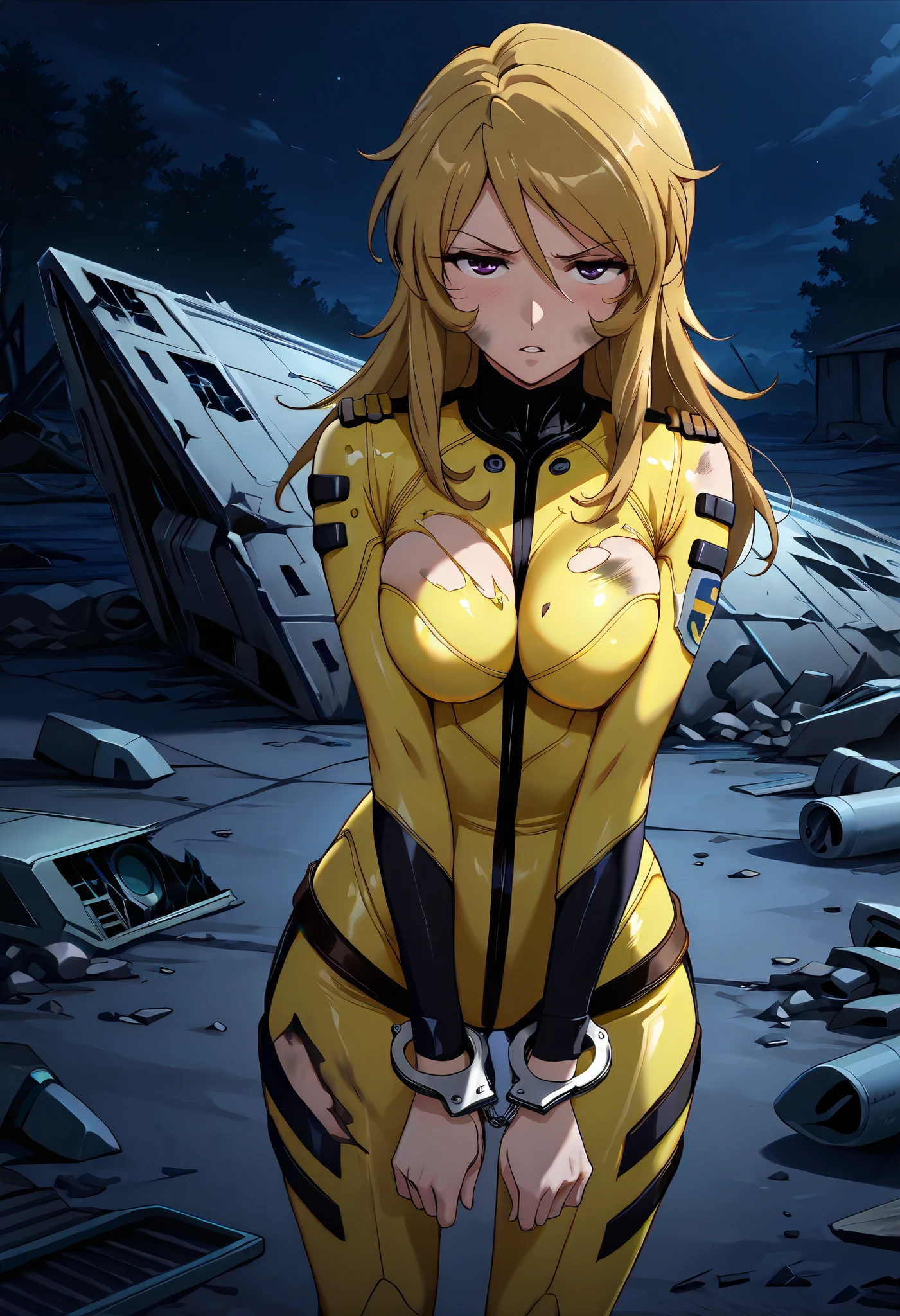 (masterpiece, best quality), , 1girl, fyuk1, solo, mori yuki, blonde hair, purple eyes, half-closed eyes, long hair, a angry face, parted lips, looking at viewer, yellow_bodysuit, torn, dirty, broken spacecraft, outdoor, v arm(handcuffs), standing, weakly, stumble , night, dark lighting,