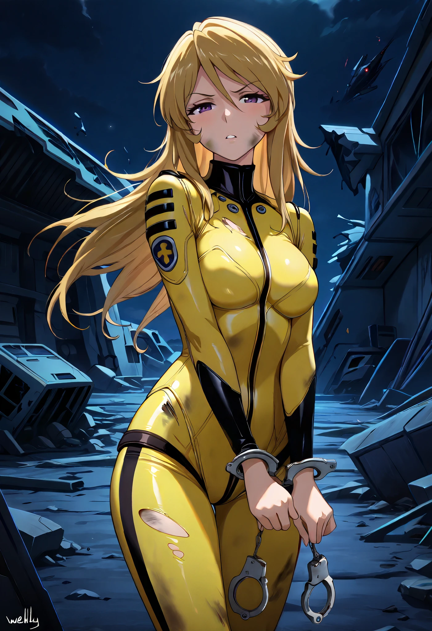 (masterpiece, best quality), , 1girl, fyuk1, solo, mori yuki, blonde hair, purple eyes, half-closed eyes, long hair,  a angry face, parted lips, looking at viewer, yellow_bodysuit, torn, dirty, broken spacecraft, outdoor,  v arm(handcuffs), standing, weakly, stumble , night, dark lighting,