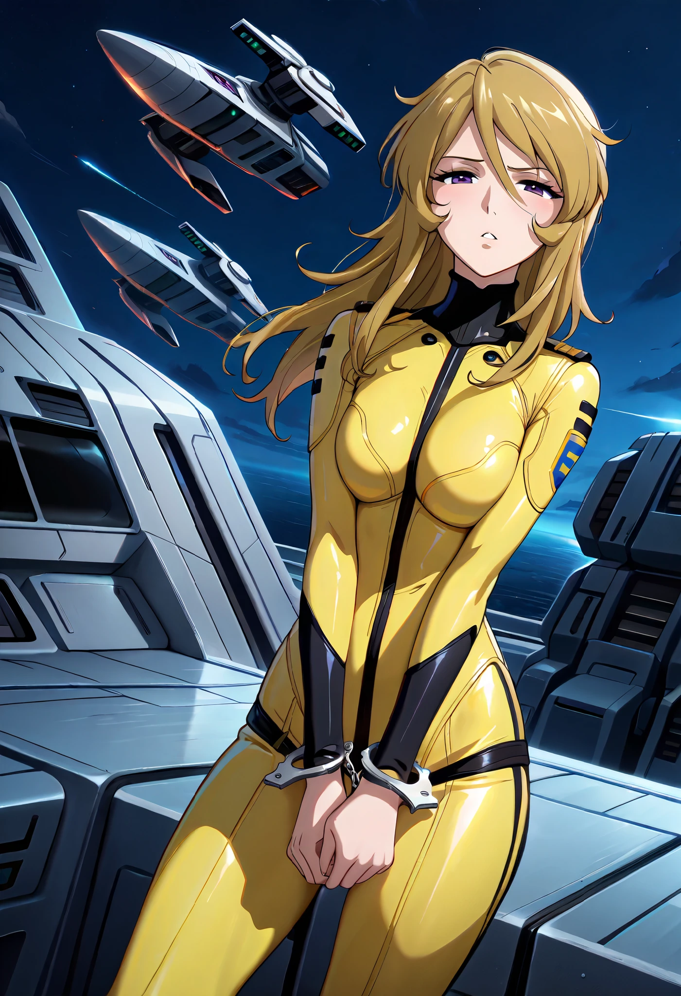 (masterpiece, best quality), , 1girl, fyuk1, solo, mori yuki, blonde hair, purple eyes, half-closed eyes, long hair,  a angry face, parted lips, looking at viewer, yellow_bodysuit,  spacecraft, outdoor,  v arm(handcuffs), standing, weakly, stumble , night, dark lighting,