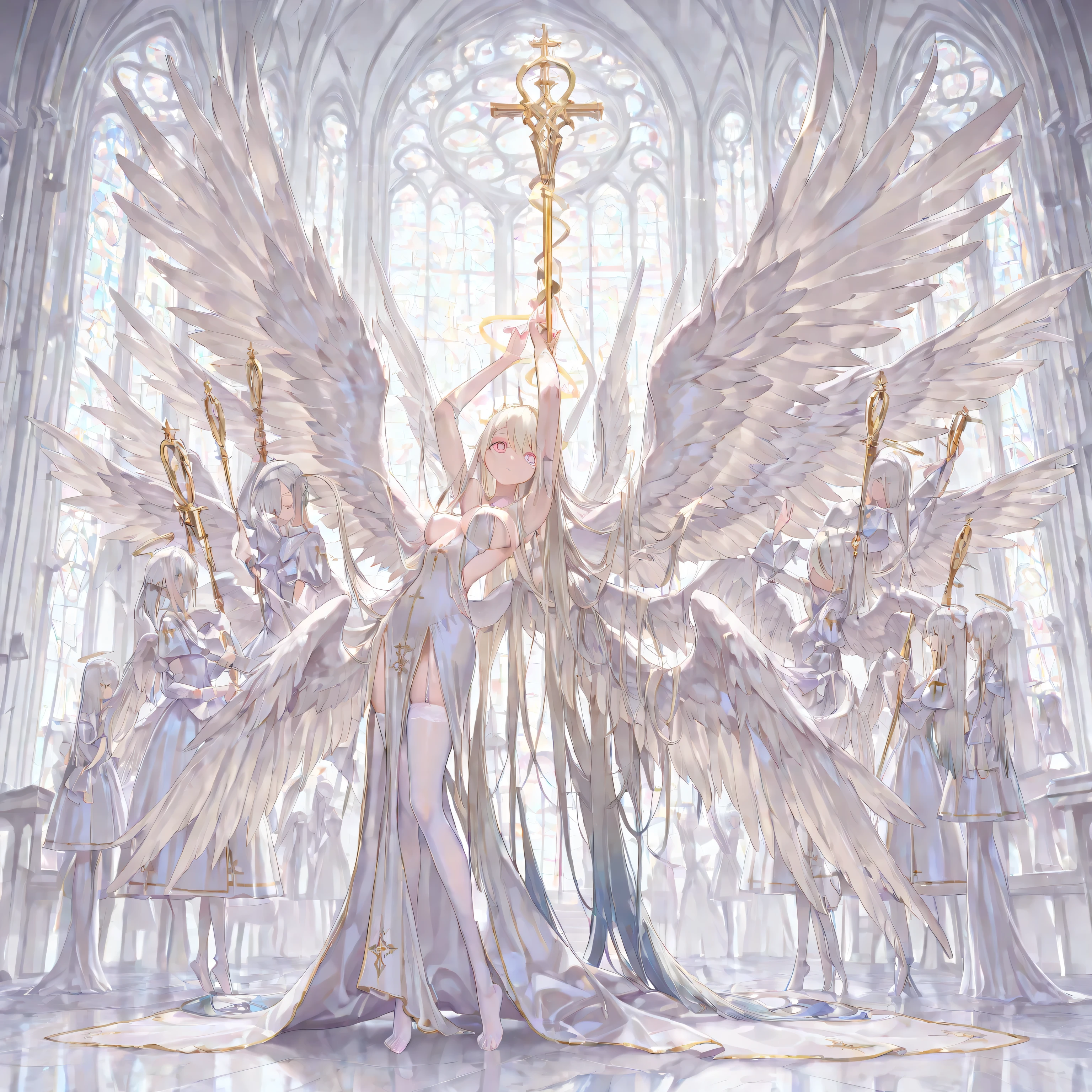 masterpiece, best quality, amazing quality, very aesthetic, high quality, angel, six wings angel, adult female, three pair big wings, holding a great holy Scepter, anime, sole, very very very very long hair , High Resolution, Bright Pupils, Asymmetrical Hair, Accurate, big bust, white body stockings, Lady with only her toes showing through her long dress, Colored Eyelashes, Multicolored Eyes, UHD, (Celebrate:1.5), Flexible and Very Nice Body, Anatomically Correct, Gradient Hair, Gradient Eye Color, "very Long, Platinum, princess hairstyle, straight hair", princess hairstyle, white body stockings, church background, detail hand, surrounded by pigeon, 3 pair wings,sexy dress