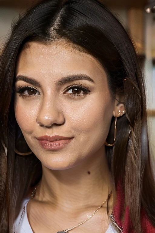 Photo réaliste de bonne qualité, 8k, très bonne qualité,jeune femme de la vingtaine, métisse latina et Caraïbes, cheveux bien noir lisse, cheveux détachés,regard intense, yeux en amande, yeux de couleur très noir, joues légèrement rose, maquillage très léger, long cils , petite bouche légèrement pulpeuses ,grain de beauté en haut de la bouche, un léger sourire, sourcils légèrement moins épais et fin