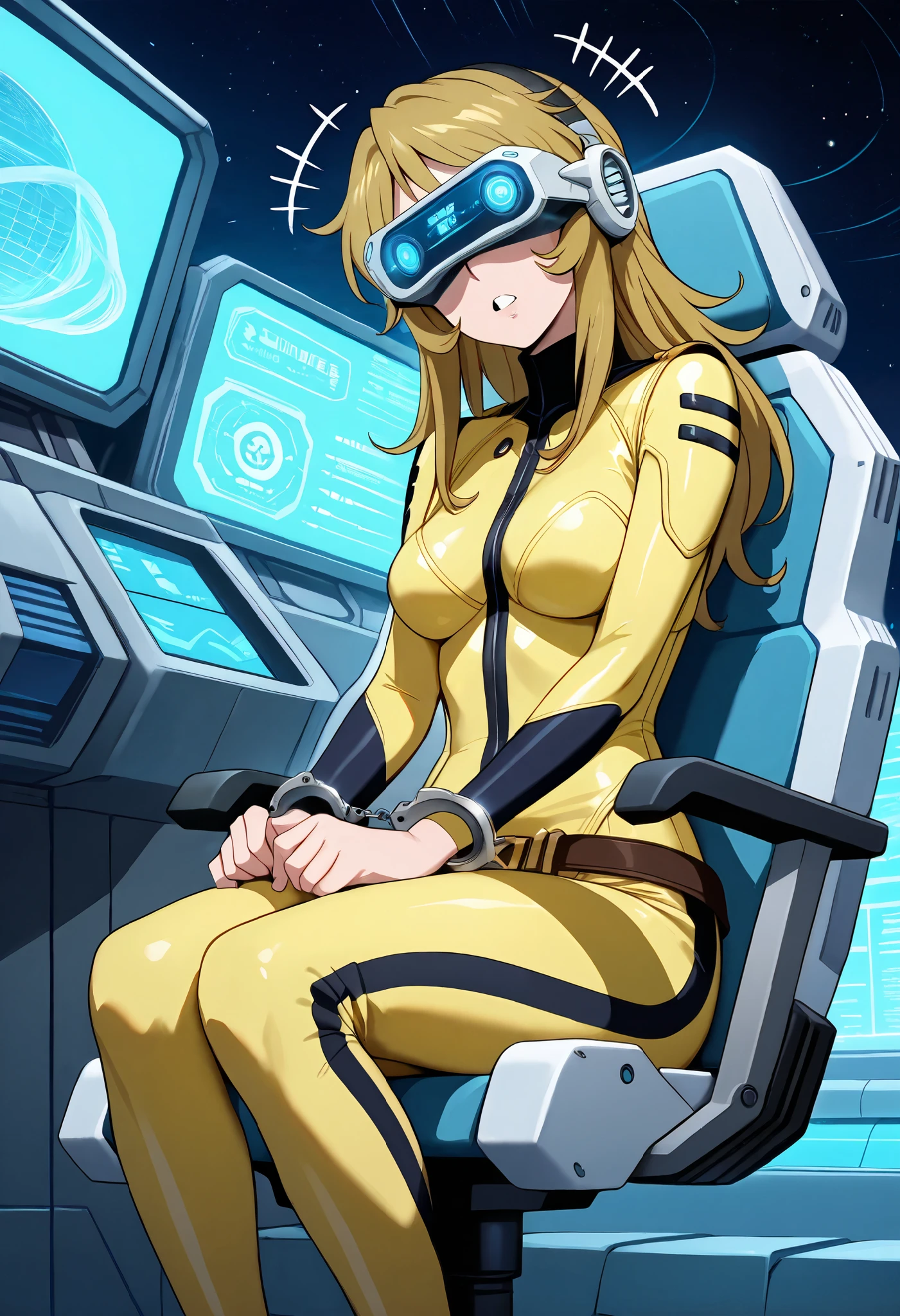 (masterpiece, best quality), , 1girl, fyuk1, solo, mori yuki, blonde hair, head mounted display, long hair, a troubled face, parted lips(teeth), front view, looking away, head tilt, yellow_bodysuit, spacecraft, outdoor, sitting on chair, leaning, hands on chair (handcuffs, tied), (brainwashed by glowing screen), (Brainwashing)+++, (Mind Control)+++, (Mind control device) , weakly, stumble , night, dark lighting,