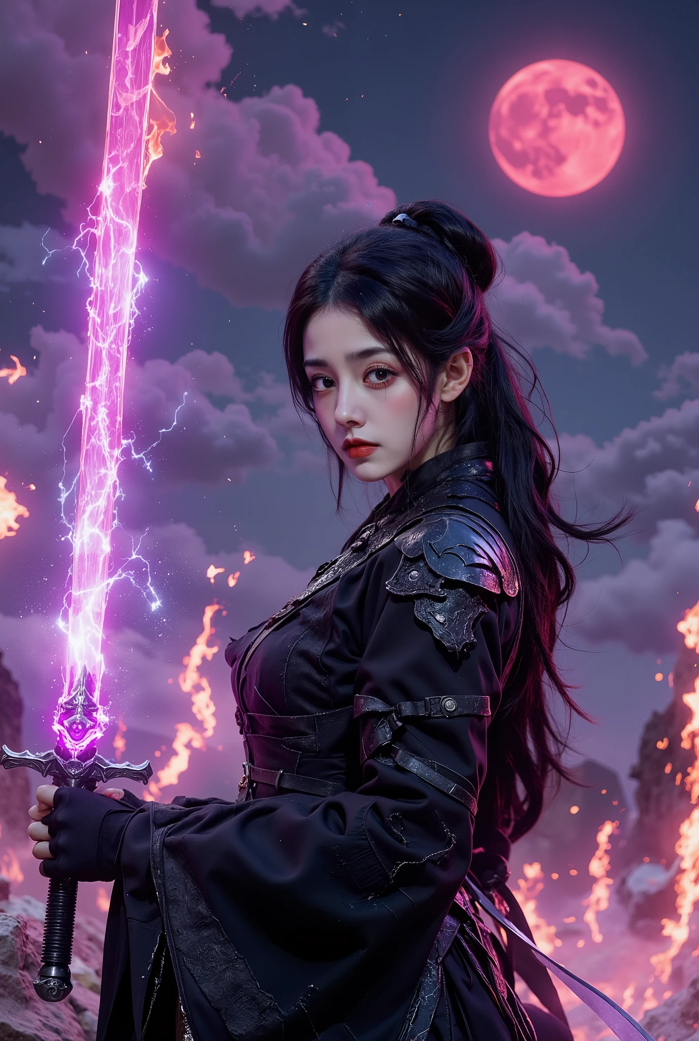 masterpiece,high resolution,super realistic, ,cinematic lights,realistic flames,
, onfire,
white flames,
, gothicstylenext, 1girl, Goth girl, gothicstyle, goth makeup,,solo,close up,beautiful face,dark makeup,dark lips,dark clothes,masterpiece, best quality, good quality, very awa, very aesthetic, absurdres, newest, onfire,purple flames,purple fire, 1girl, solo, long_hair, black_hair, gloves, red_eyes, holding, closed_mouth, standing, ponytail, weapon, outdoors, sky, japanese_clothes, black_gloves, sword, fingerless_gloves, holding_weapon, armor, from_side, torn_clothes, profile, blood, night, glowing, scar, holding_sword, moon, katana, shoulder_armor, full_moon, pauldrons, blood_on_face, japanese_armor, arm_guards, red_theme, blood_on_weapon, glowing_weapon, red_moon, energy_sword, red_sky, glowing_sword, huge_moon, lightsaber, ,