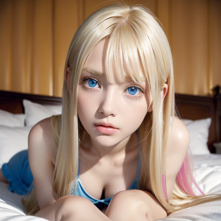 beautiful 16 year old blonde girl, big naked tits, very short pink dress and long stockings, long hair, shiny sweaty skin, hairband long hair beautiful 4K ultrarealist beautiful